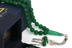 Side view of the green agate misbaha, showcasing precise beadwork and 8mm stones