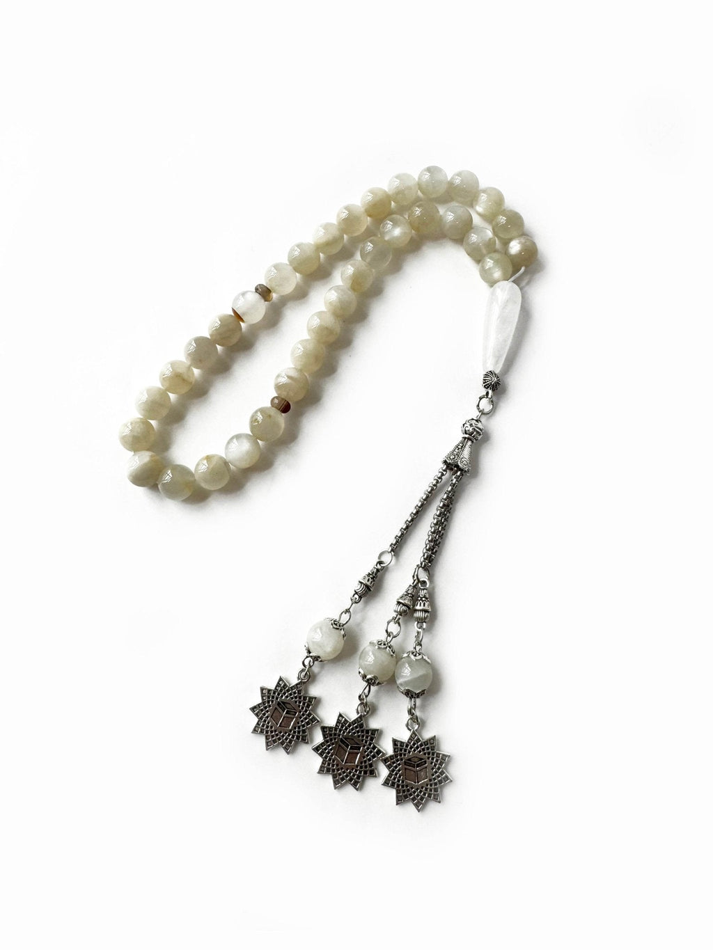 Handcrafted natural moonstone misbaha (33 beads, 8mm) with a subtle iridescent glow