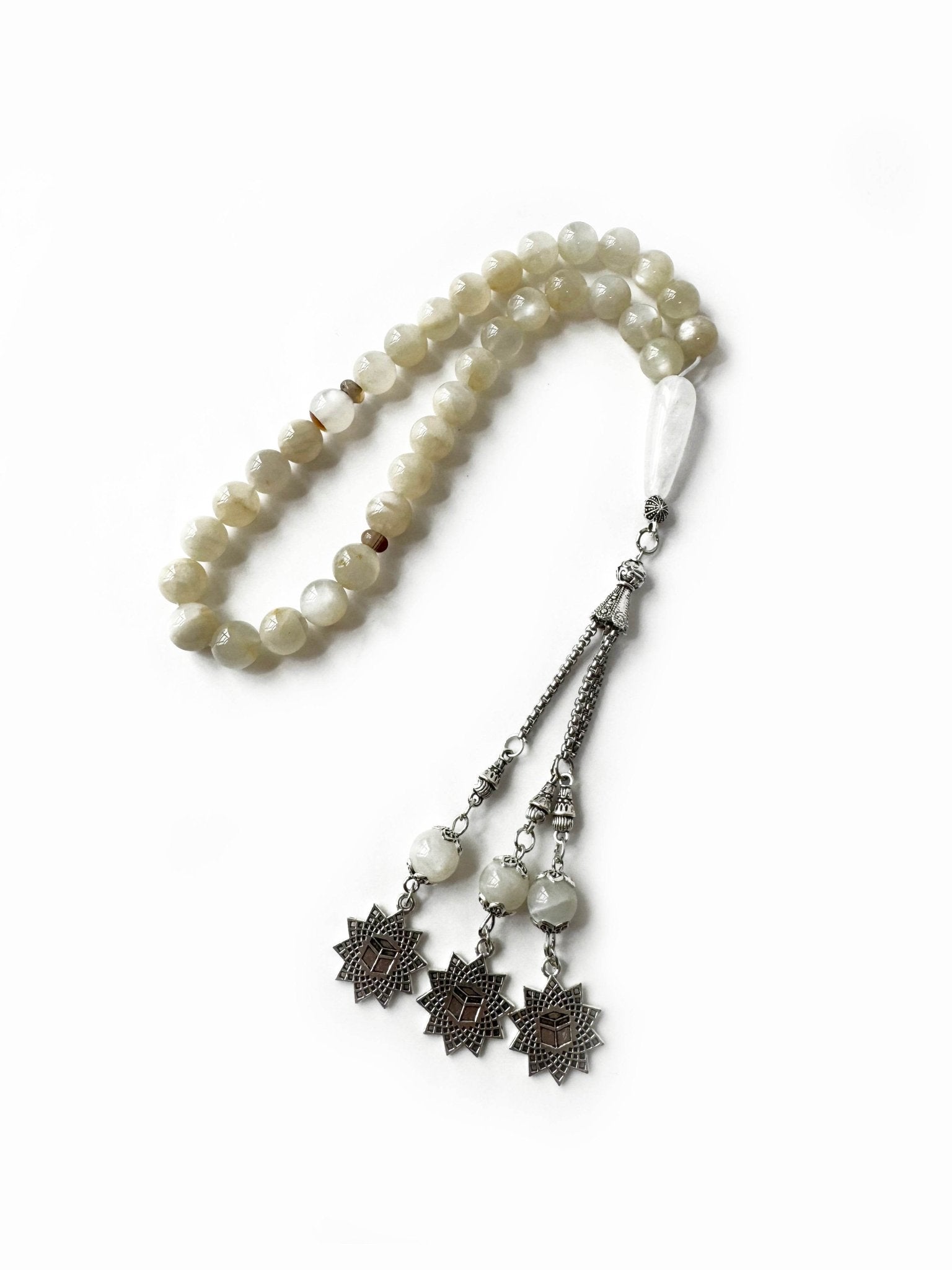 Handcrafted natural moonstone misbaha (33 beads, 8mm) with a subtle iridescent glow