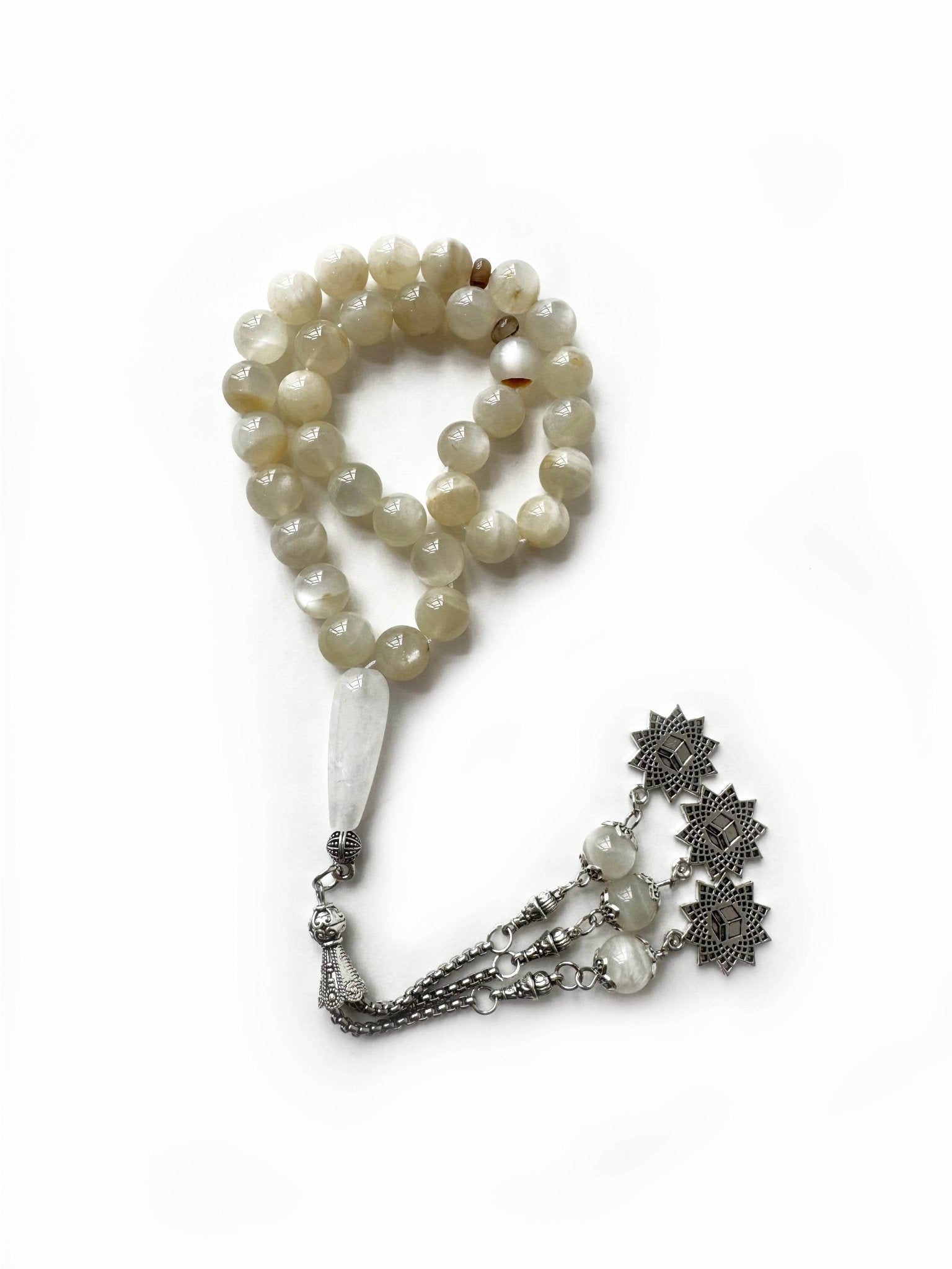 Natural moonstone misbaha featuring a 33-bead design for daily dhikr and reflection