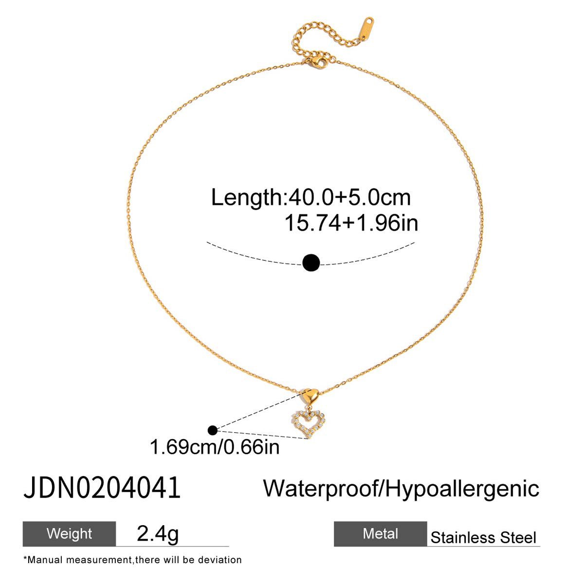 Gold necklace with heart pendant and measurement details on a white background