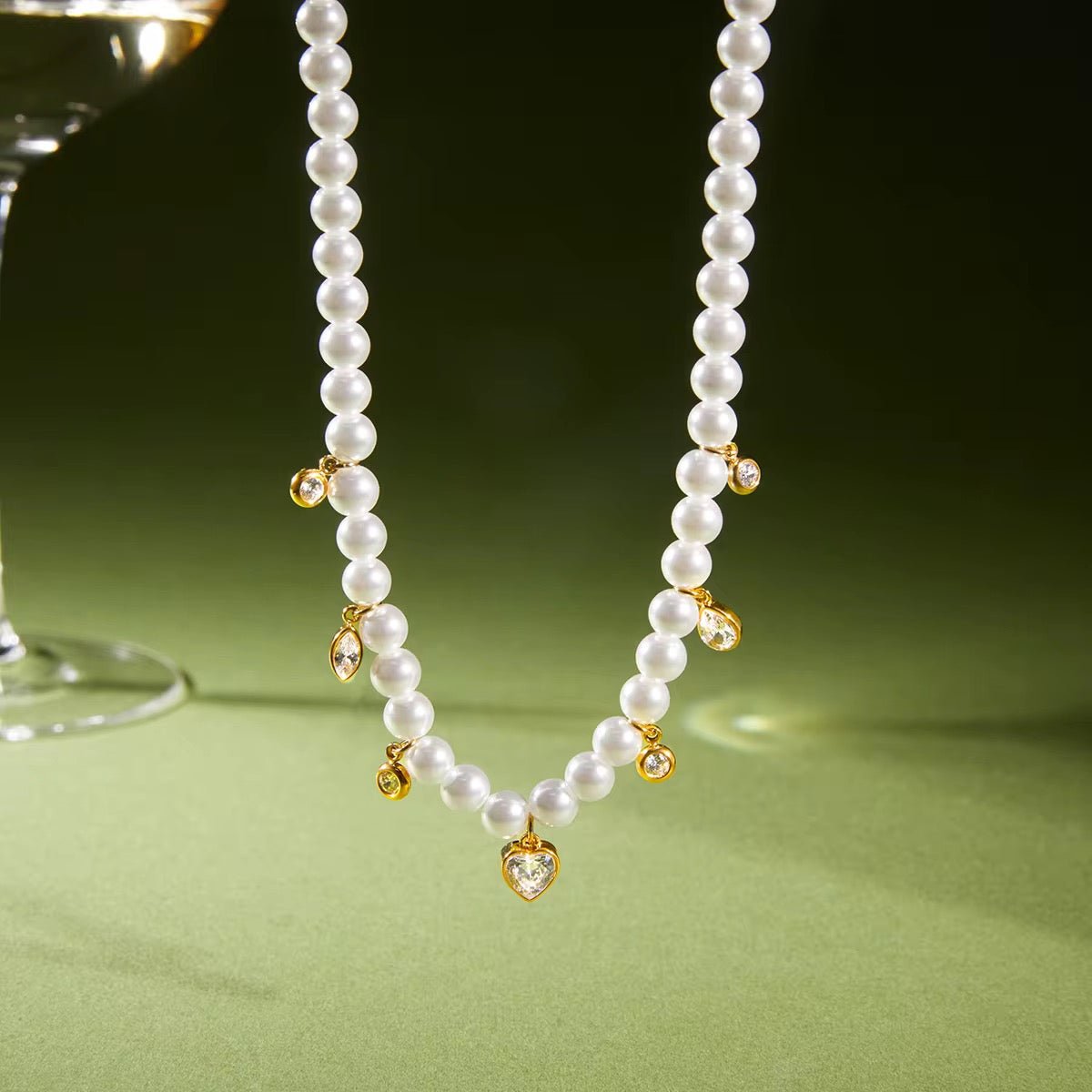 Heart of Pearls Crystal Charm Necklace - 18k Gold PVD Plated Stainless Steel & Waterproof - Yadman UK
