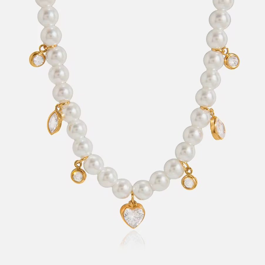 Heart of Pearls Crystal Charm Necklace - 18k Gold PVD Plated Stainless Steel & Waterproof - Yadman UK
