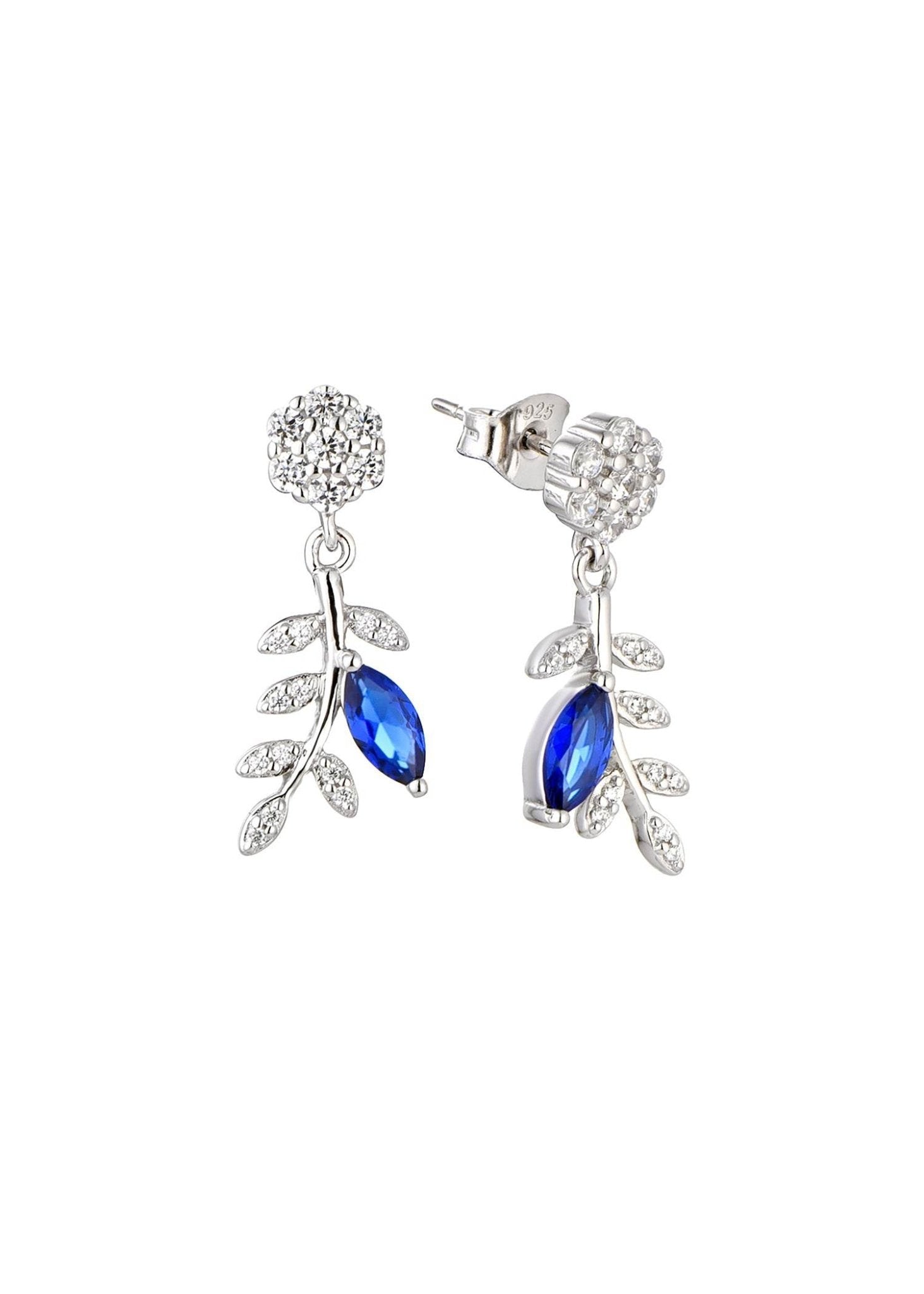 Rhodium-plated floral zirconia earrings blue sapphire