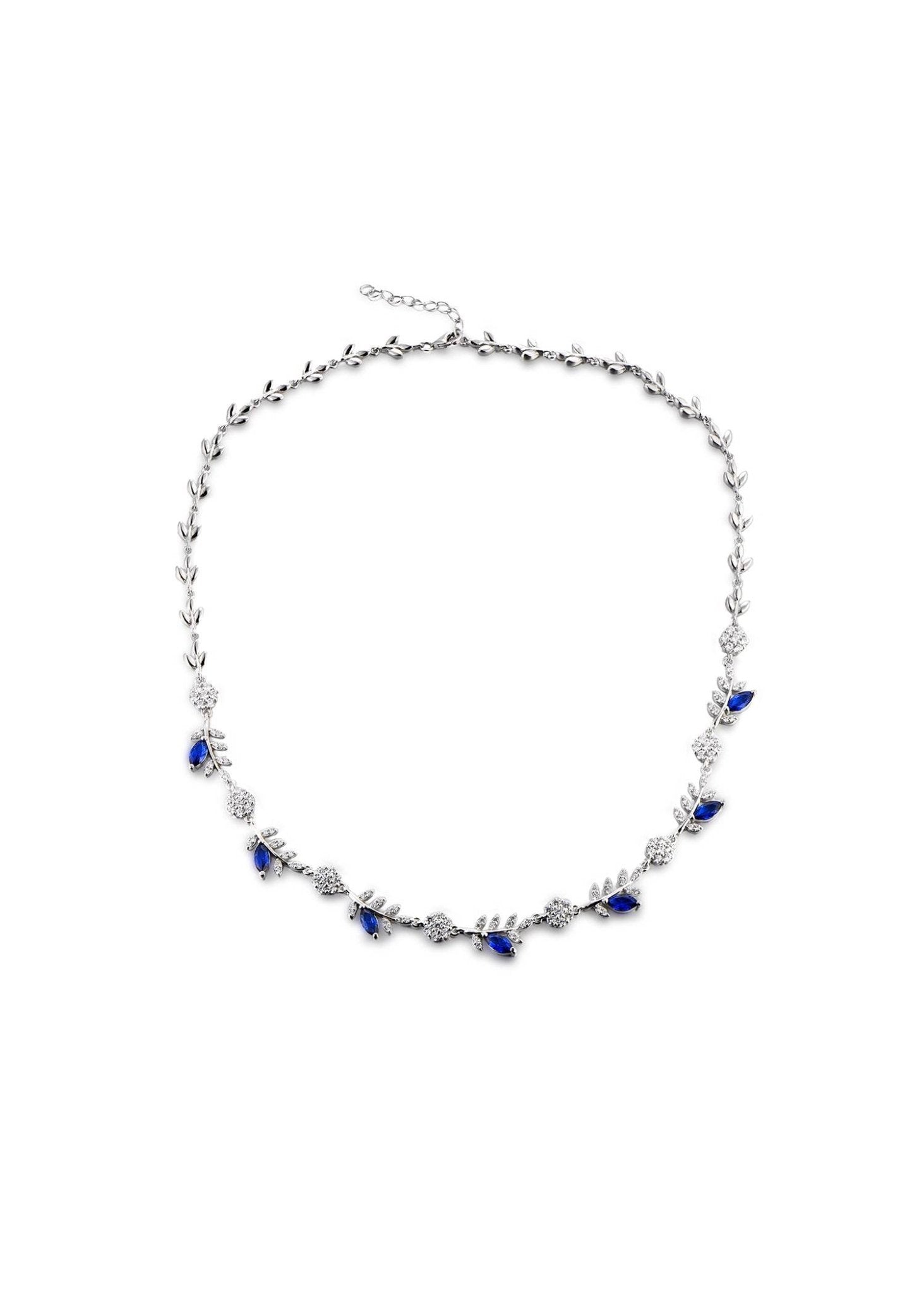 Marquise-cut blue gemstone necklace with vine design