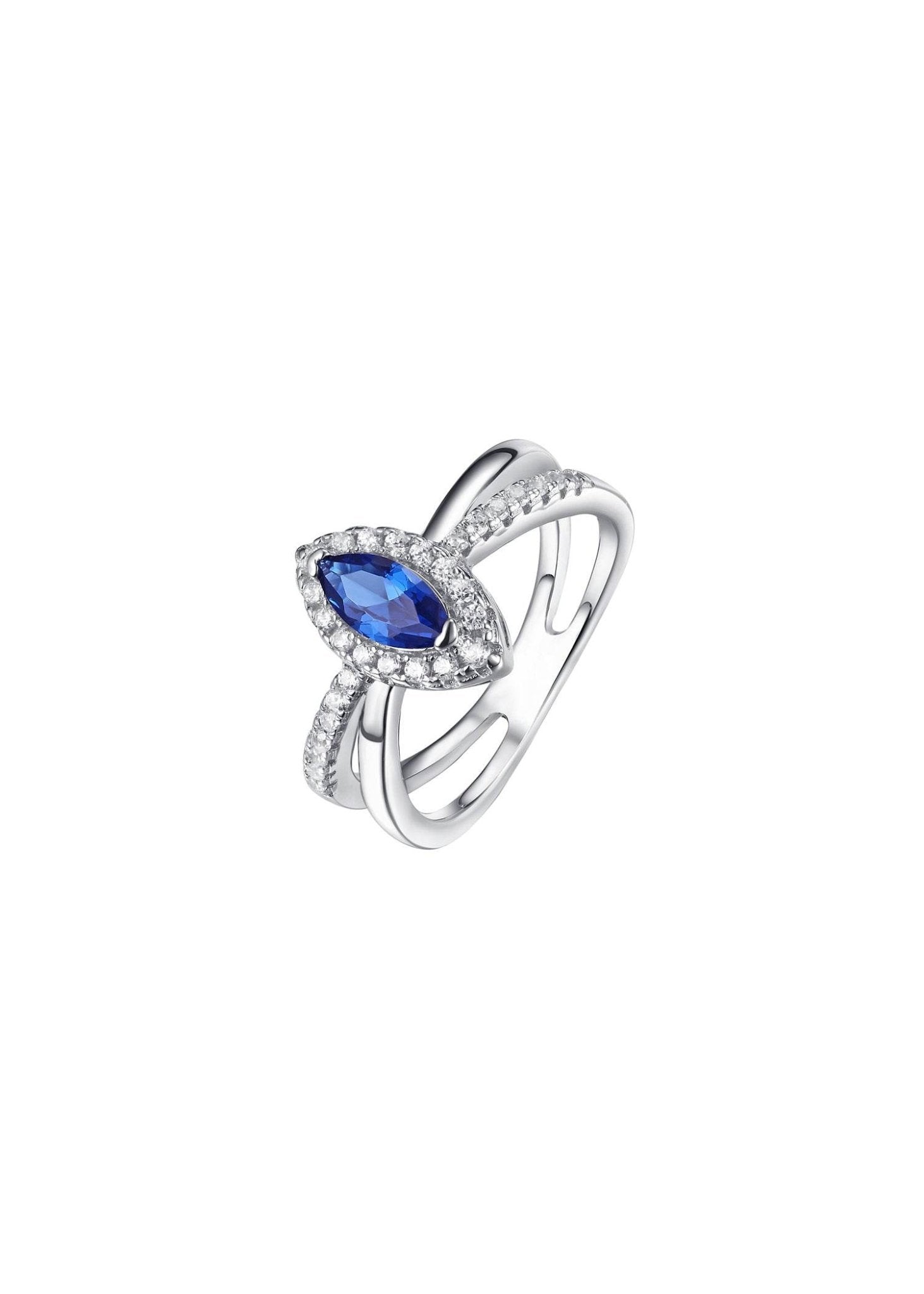 Marquise-cut blue zirconia ring in rhodium-plated silver