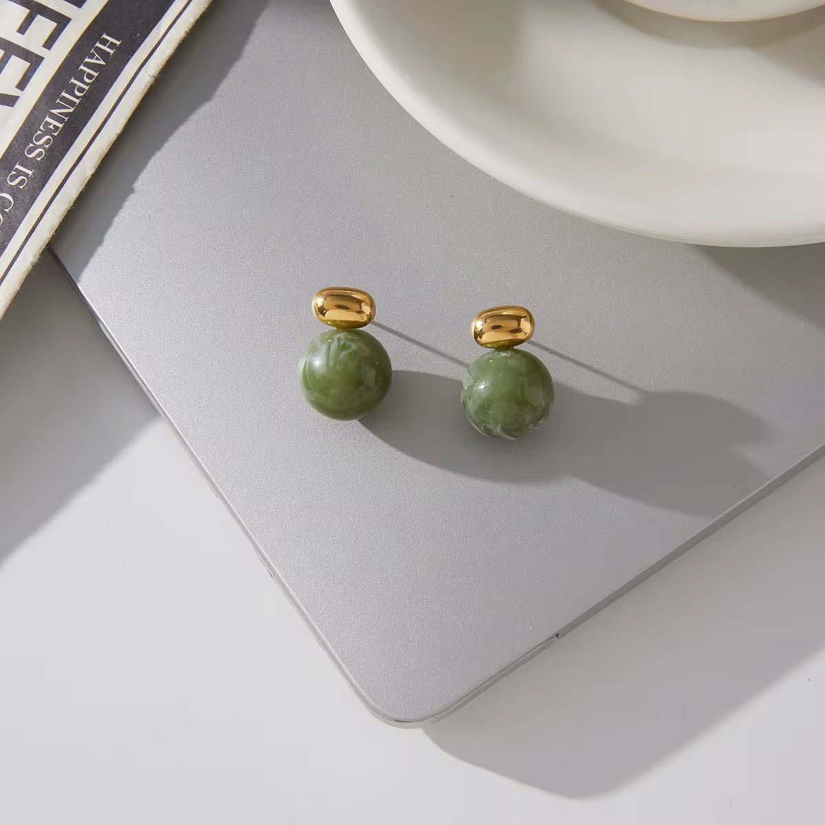 London Fog Jade Drop Earrings - 18k Gold PVD Plated Stainless Steel & Waterproof - Yadman UK