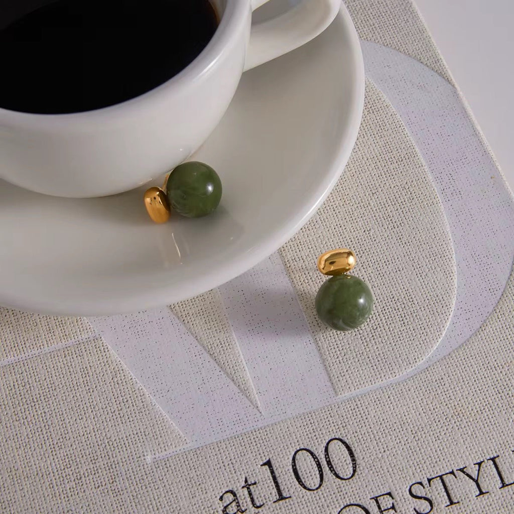 London Fog Jade Drop Earrings - 18k Gold PVD Plated Stainless Steel & Waterproof - Yadman UK