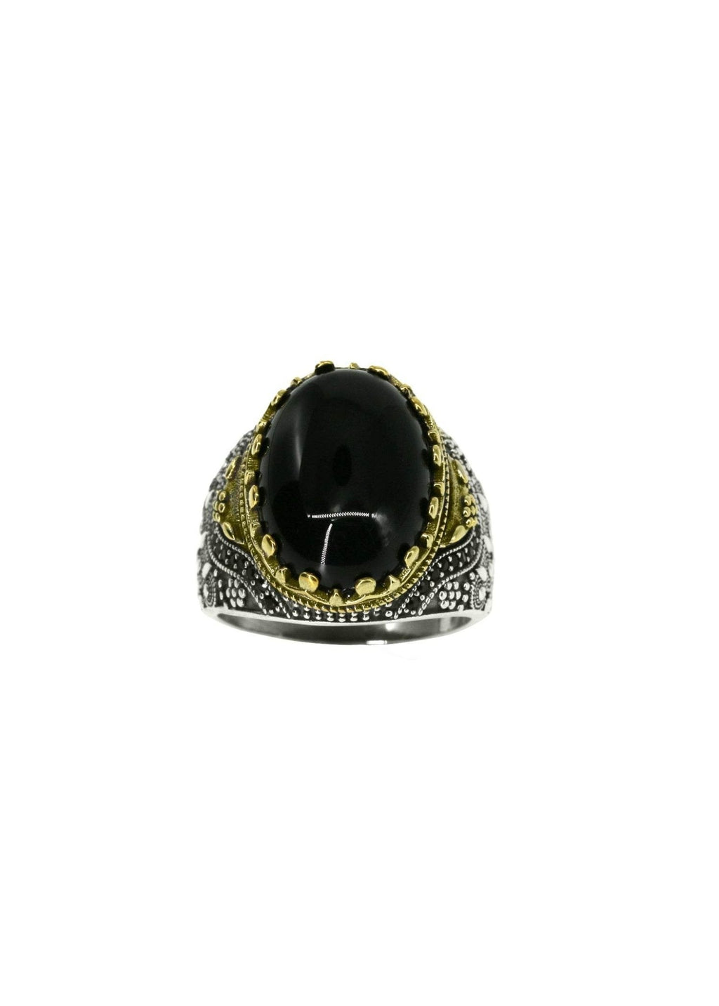 Polished black onyx and engraved 925 sterling silver ring for men