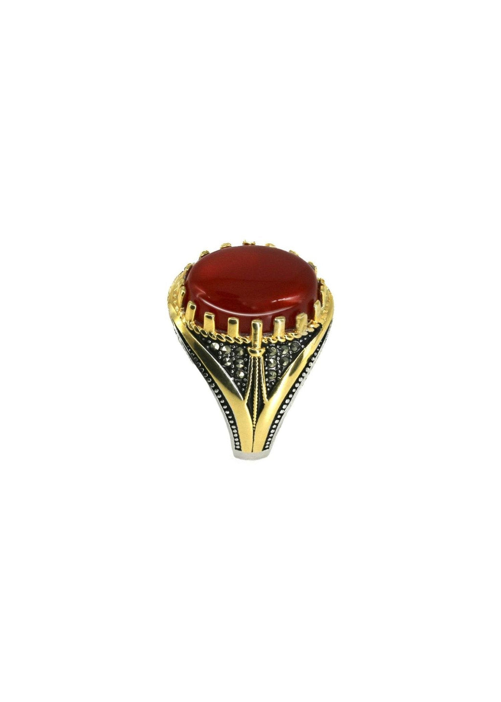 Top view of brown agate Islamic men’s ring with polished sterling silver frame