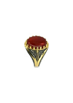 Top view of brown agate Islamic men’s ring with polished sterling silver frame
