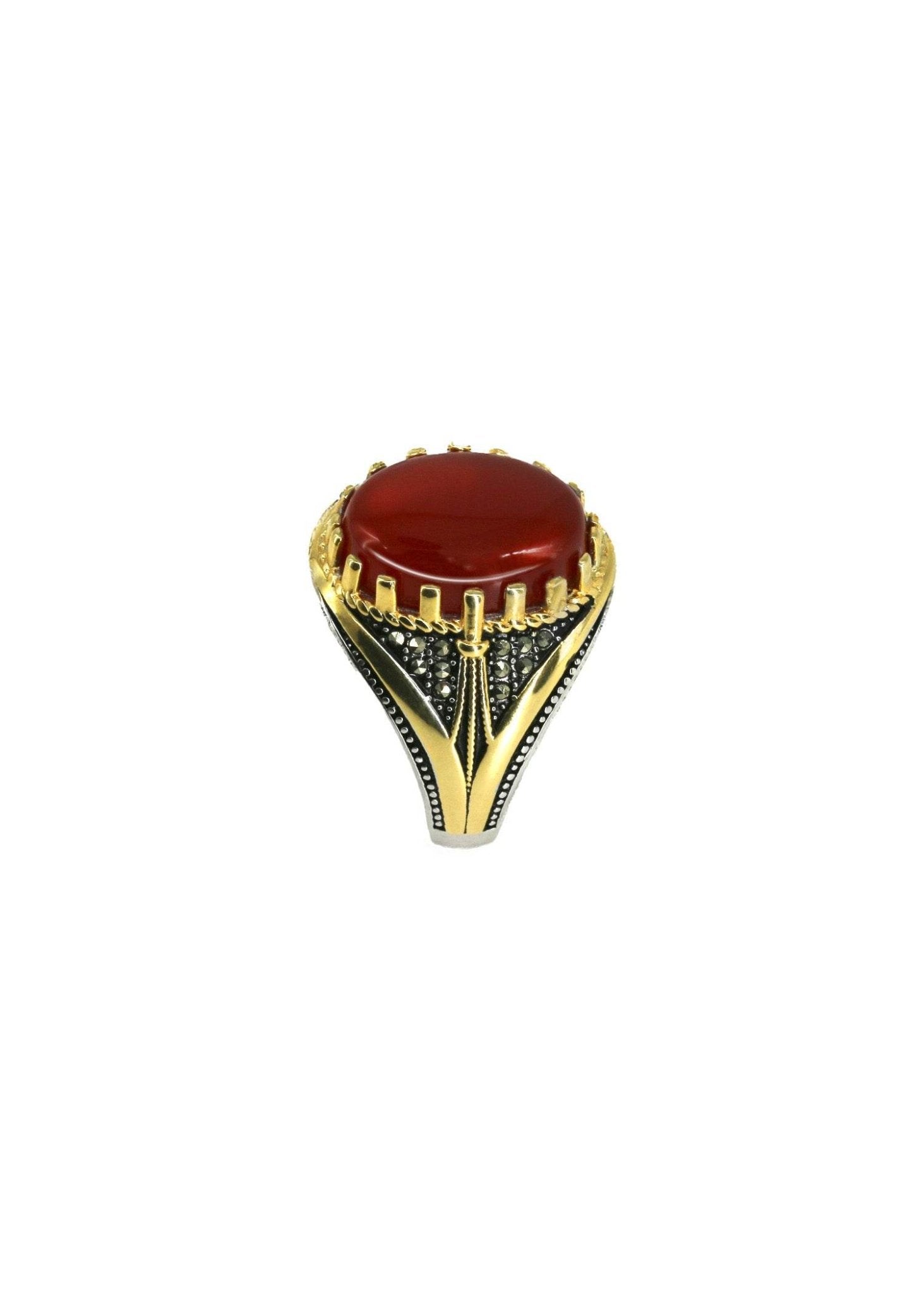 Top view of brown agate Islamic men’s ring with polished sterling silver frame