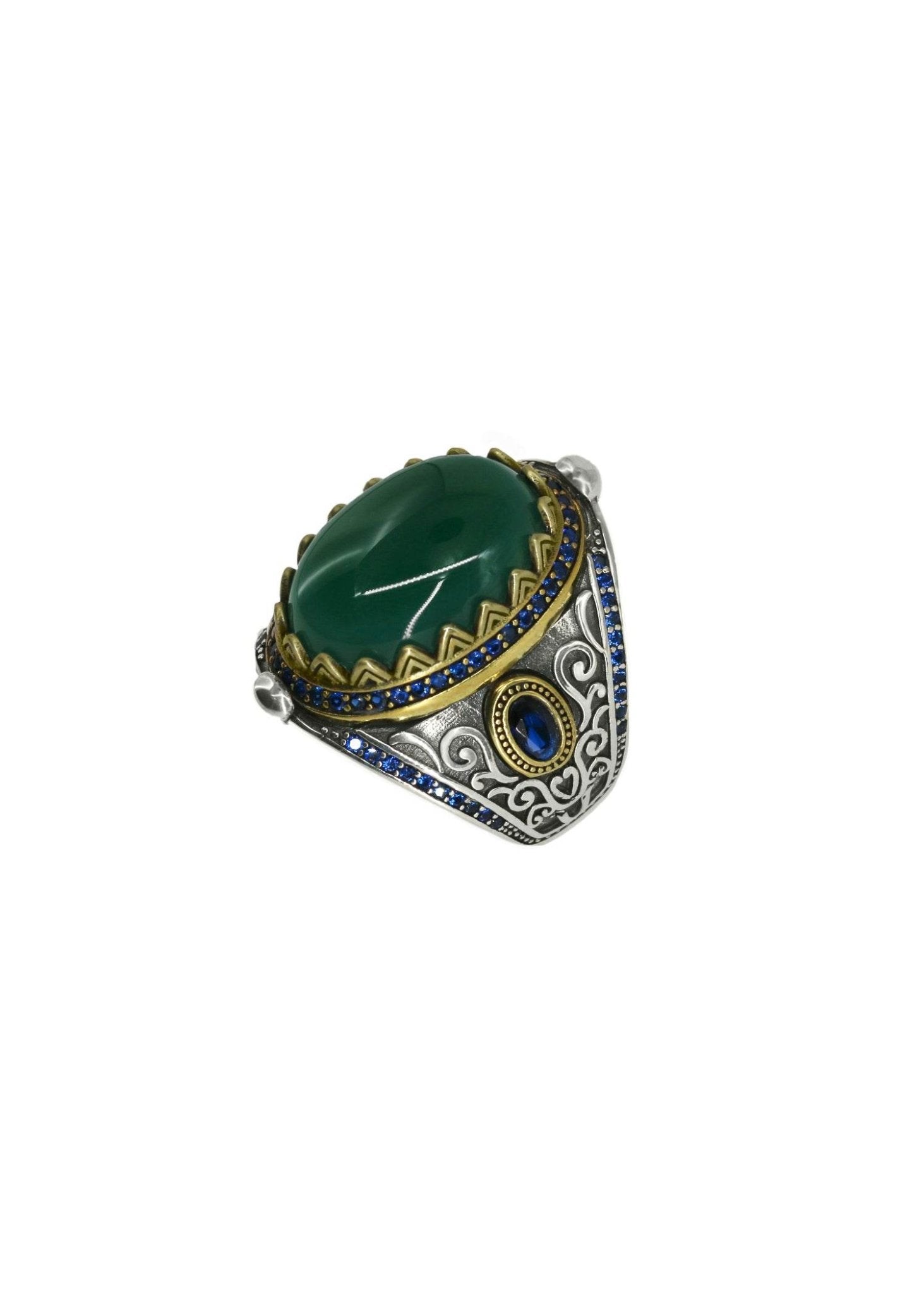 Islamic men’s ring with natural green agate stone set in S925 sterling silver
