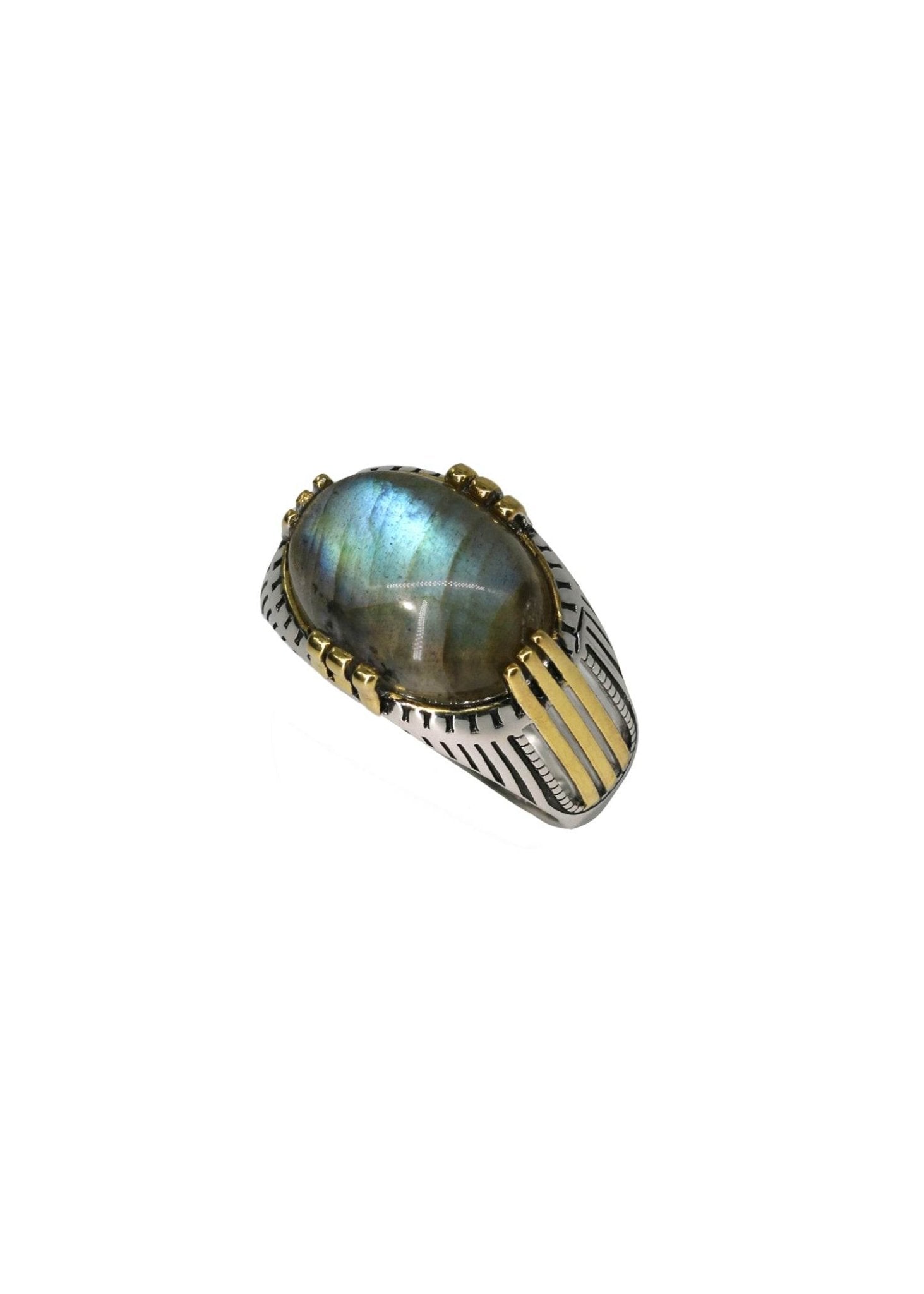 Side angle of handcrafted men’s ring with labradorite for grounding energy