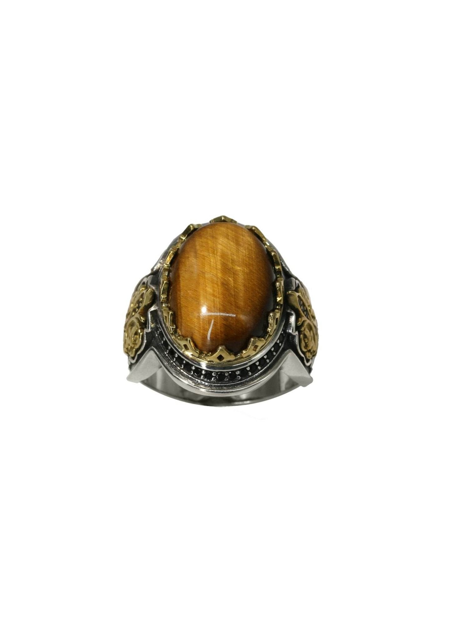 Top view of S925 silver ring showcasing vibrant tiger eye gemstone