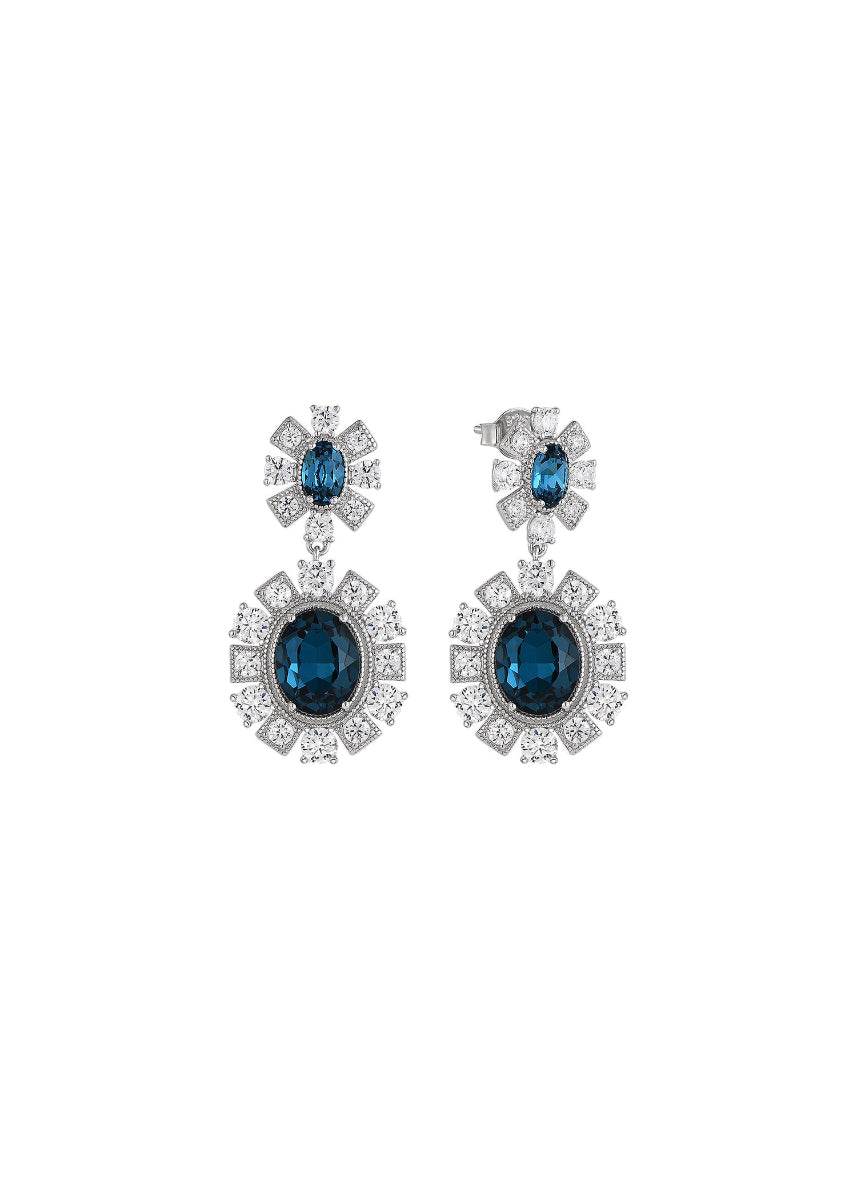 Sapphire-cut blue zirconia earrings in rhodium silver