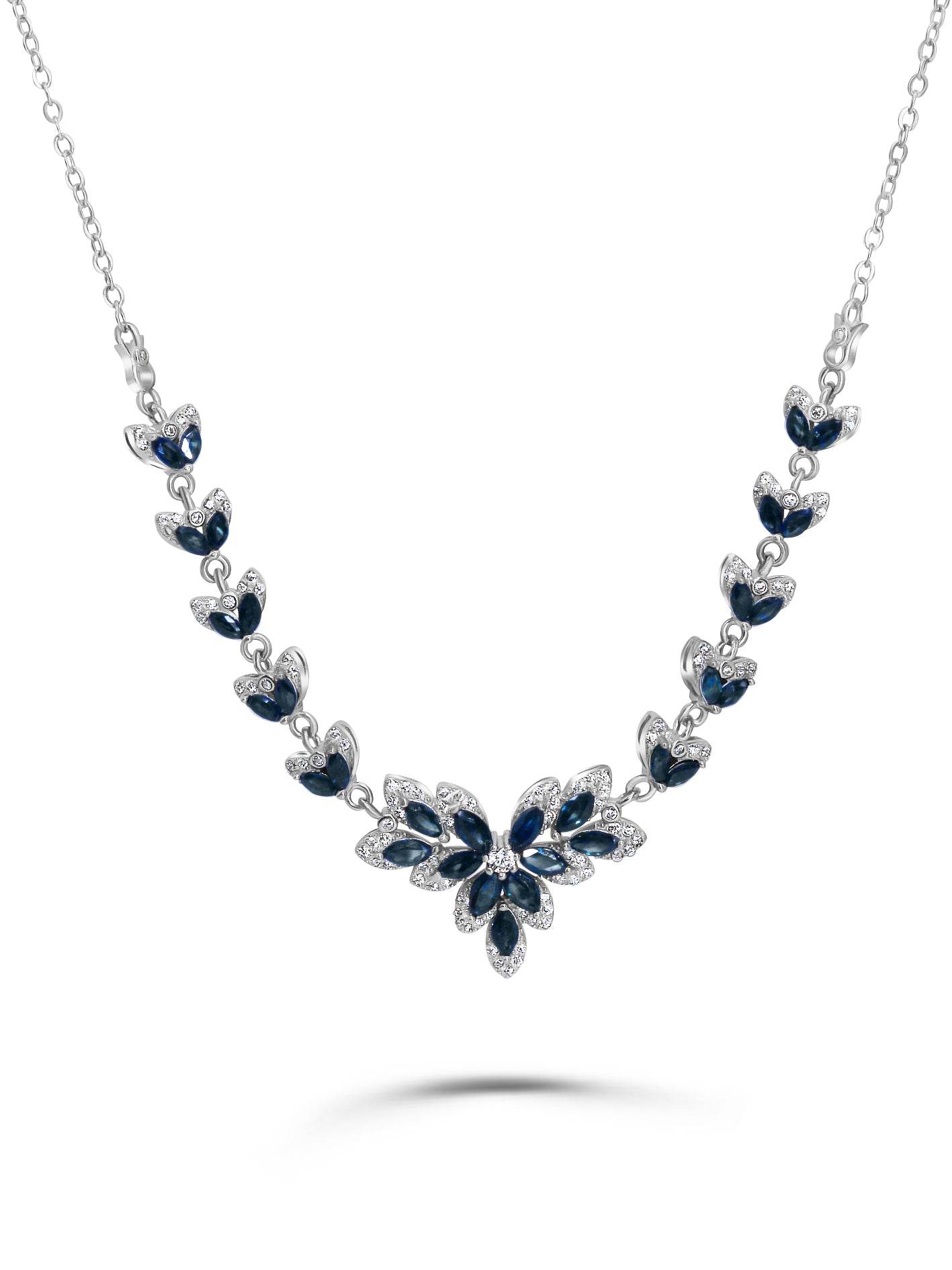 Handmade women’s necklace with natural marquise-cut blue sapphires and platinum-plated silver
