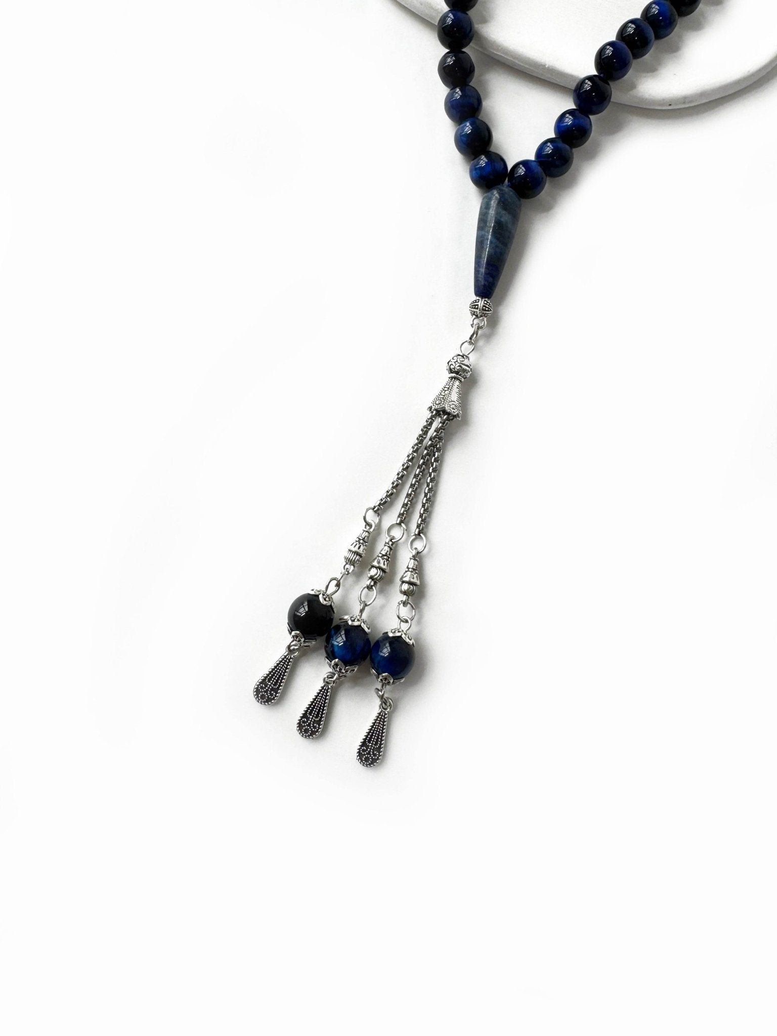 Spiritual Muslim tasbih for dhikr, made from 33 blue tiger eye beads