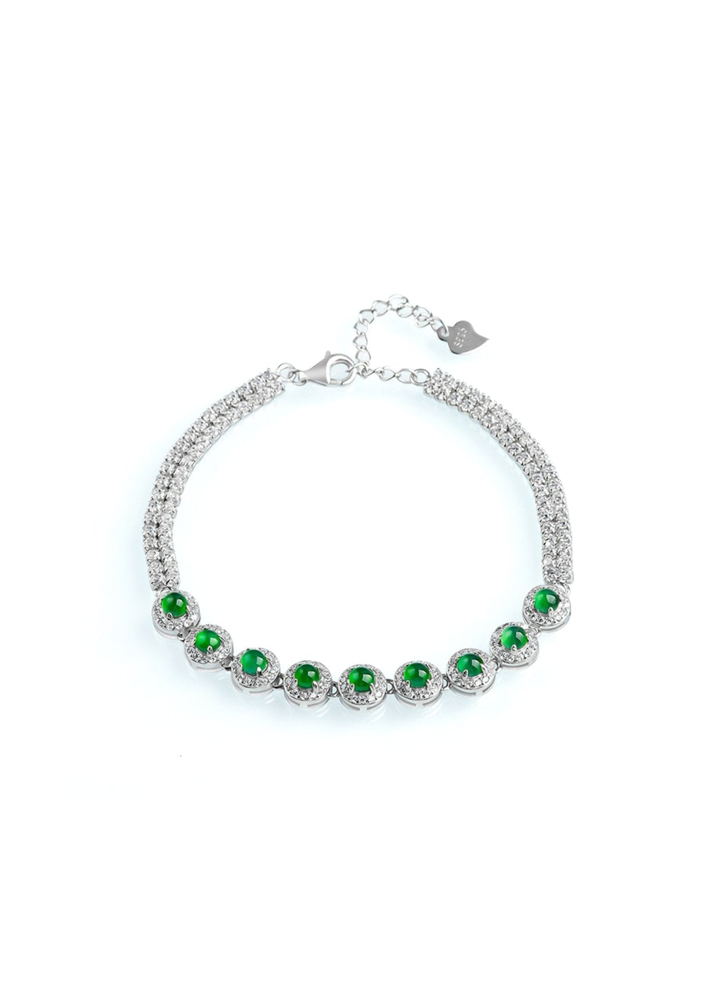 Platinum-plated silver bracelet with natural jade and zirconia stones
