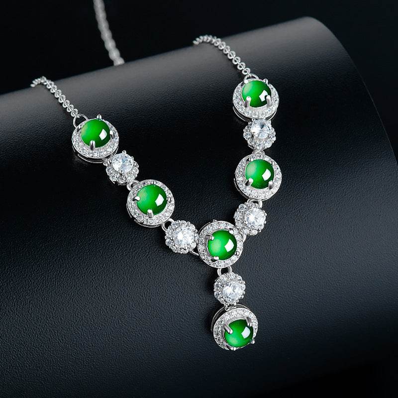 Natural green jade and zircon necklace in sterling silver for women – front view