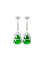 Natural jade drop earrings with lucky gourd design and platinum-plated silver