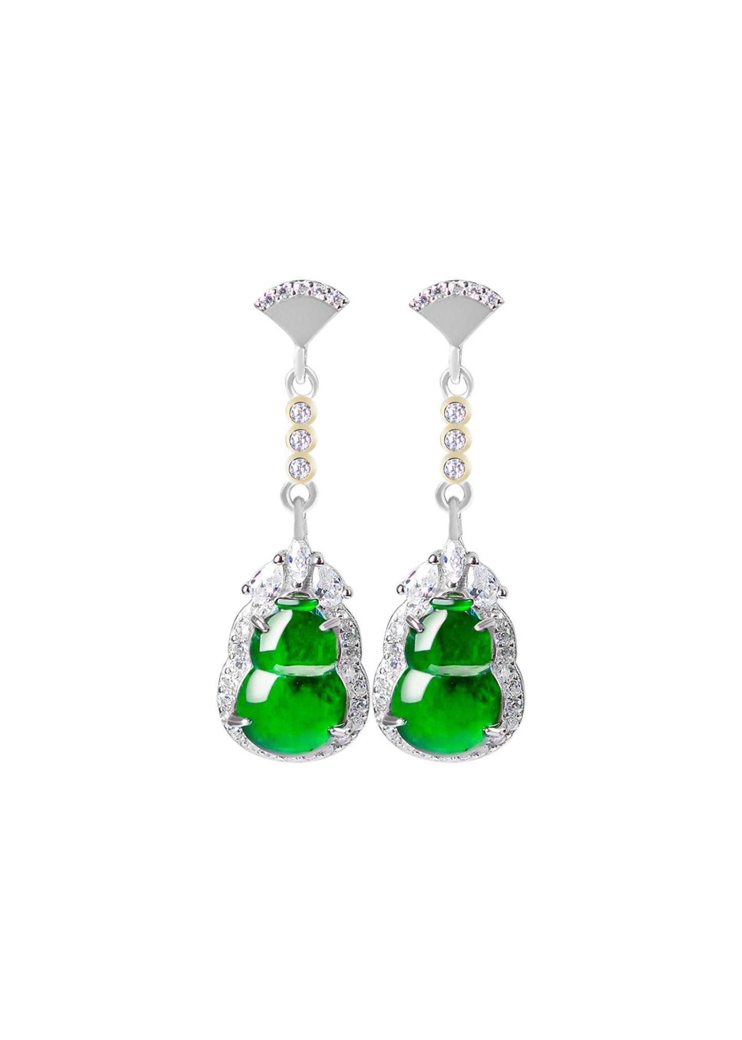 Natural jade drop earrings with lucky gourd design and platinum-plated silver