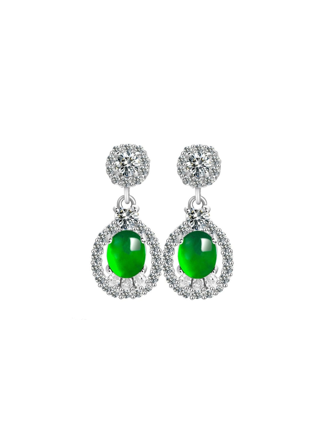 Platinum-plated silver earrings with natural green jade and zirconia stones