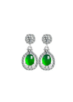 Platinum-plated silver earrings with natural green jade and zirconia stones