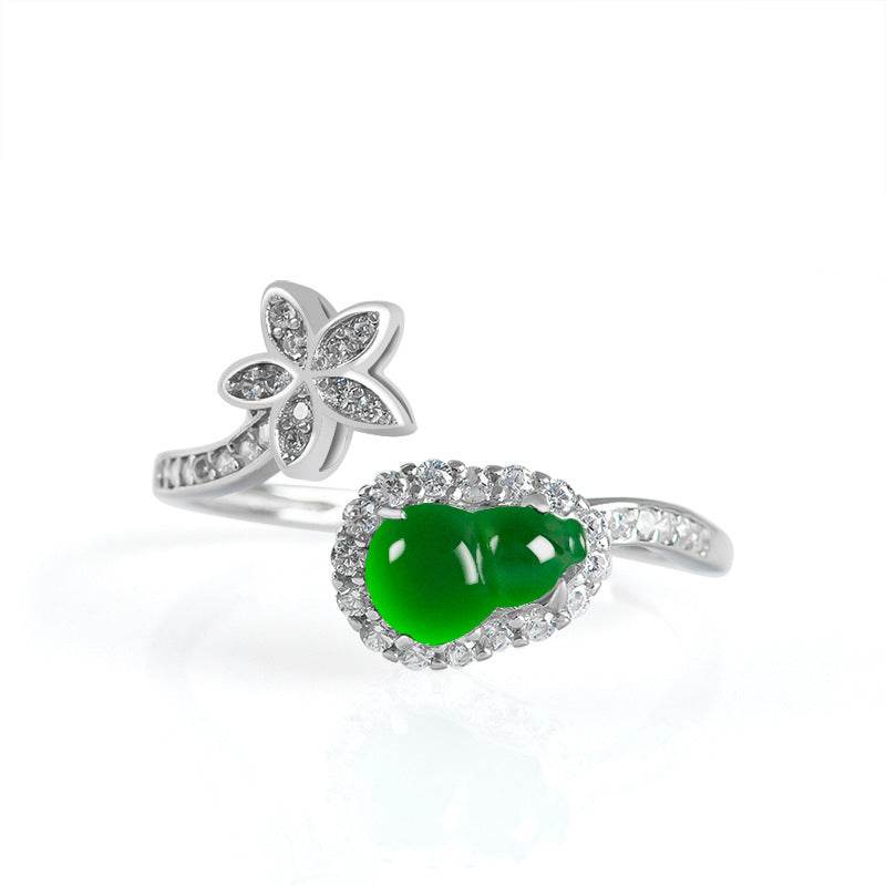 Natural jade open ring with floral zirconia accents – elegant design