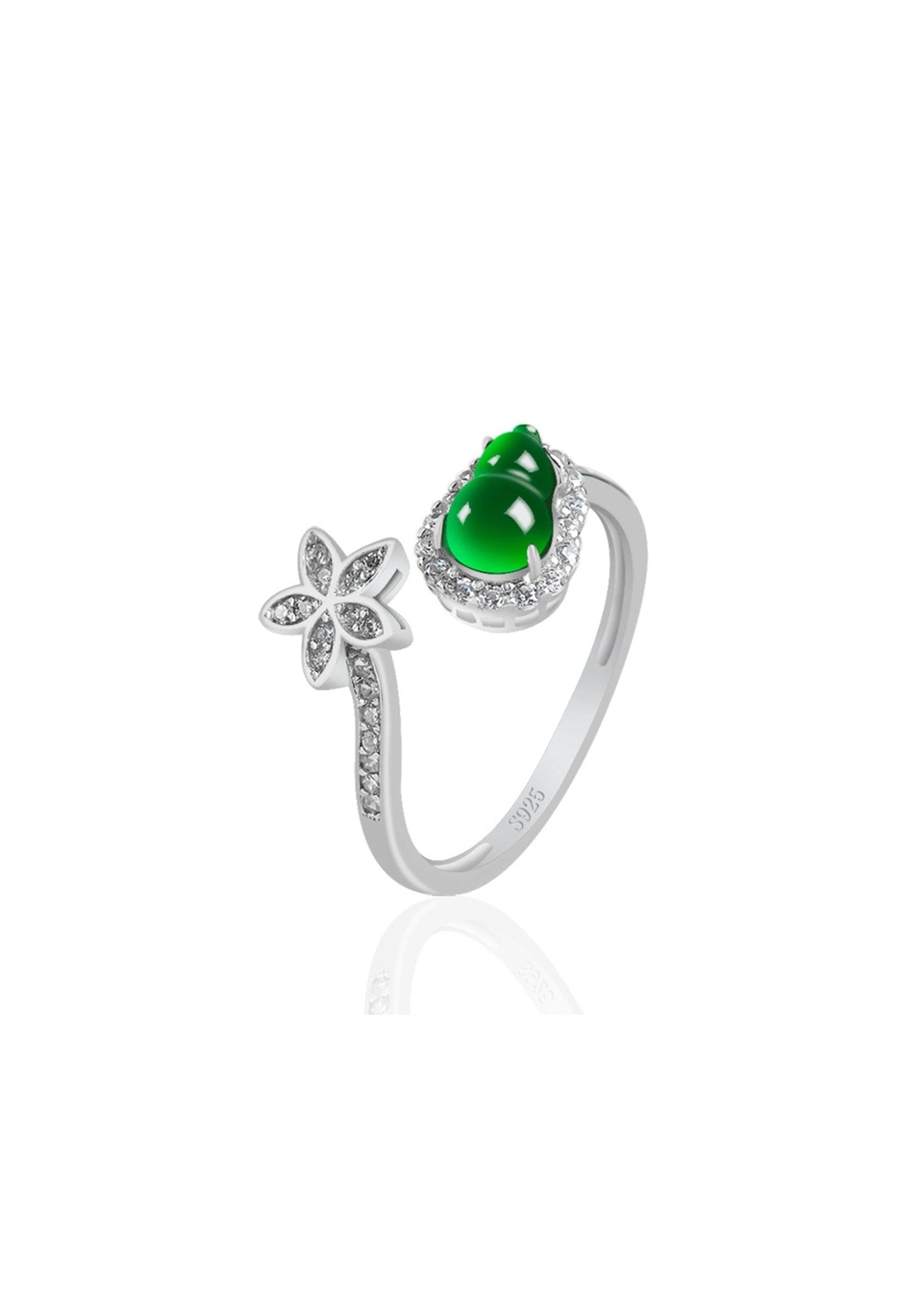 Adjustable women’s ring with green jade and flower design in platinum silver
