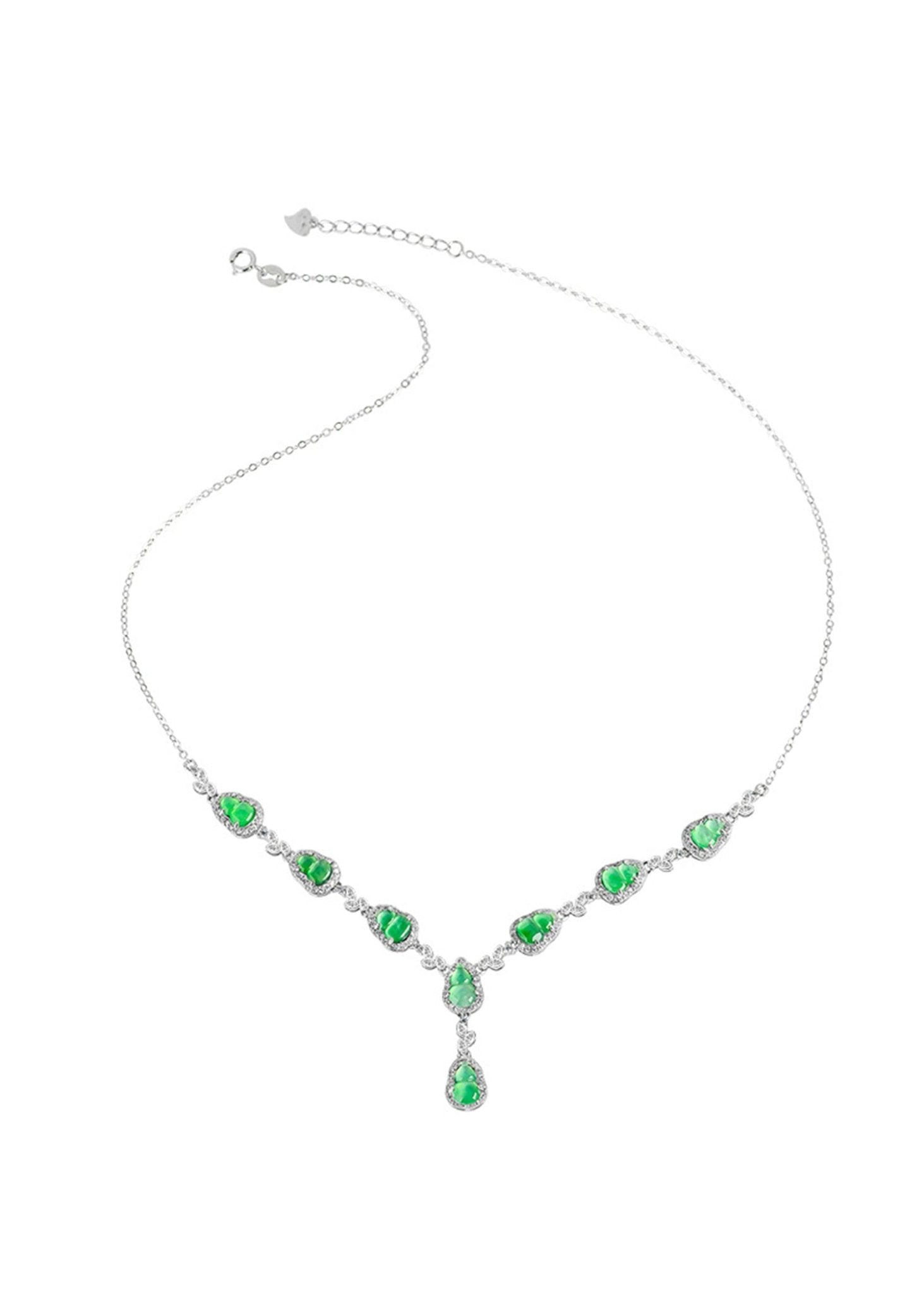 Platinum-plated silver necklace with natural teardrop jade stones