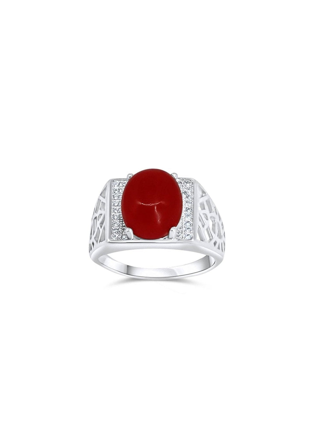 Bold men's ring with red agate stone and platinum finish