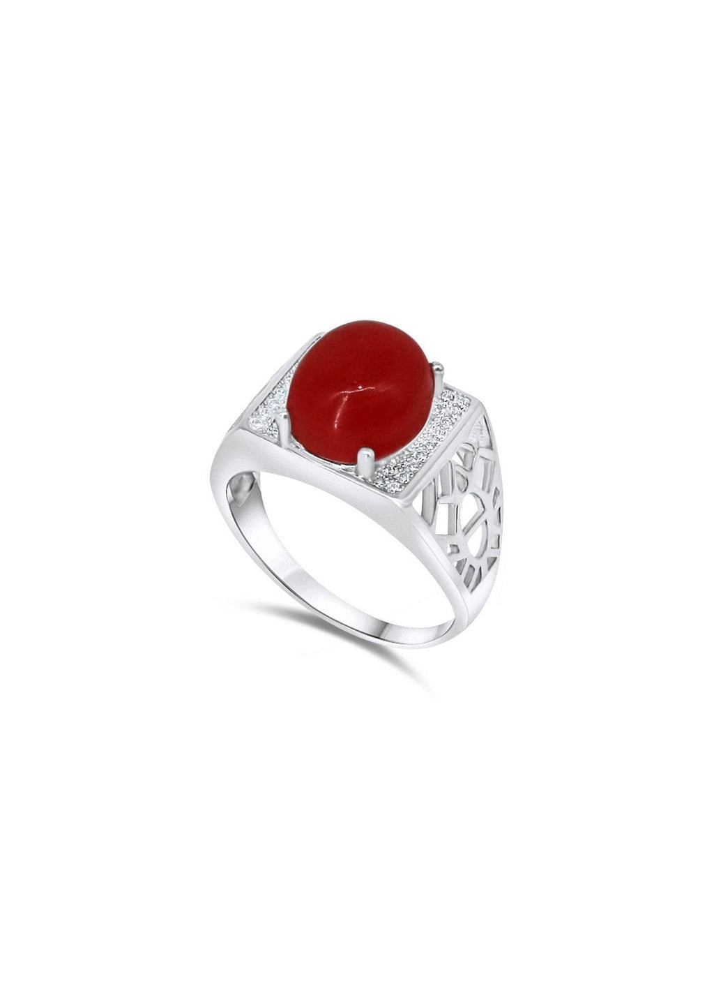 Natural red agate men's ring platinum plated silver