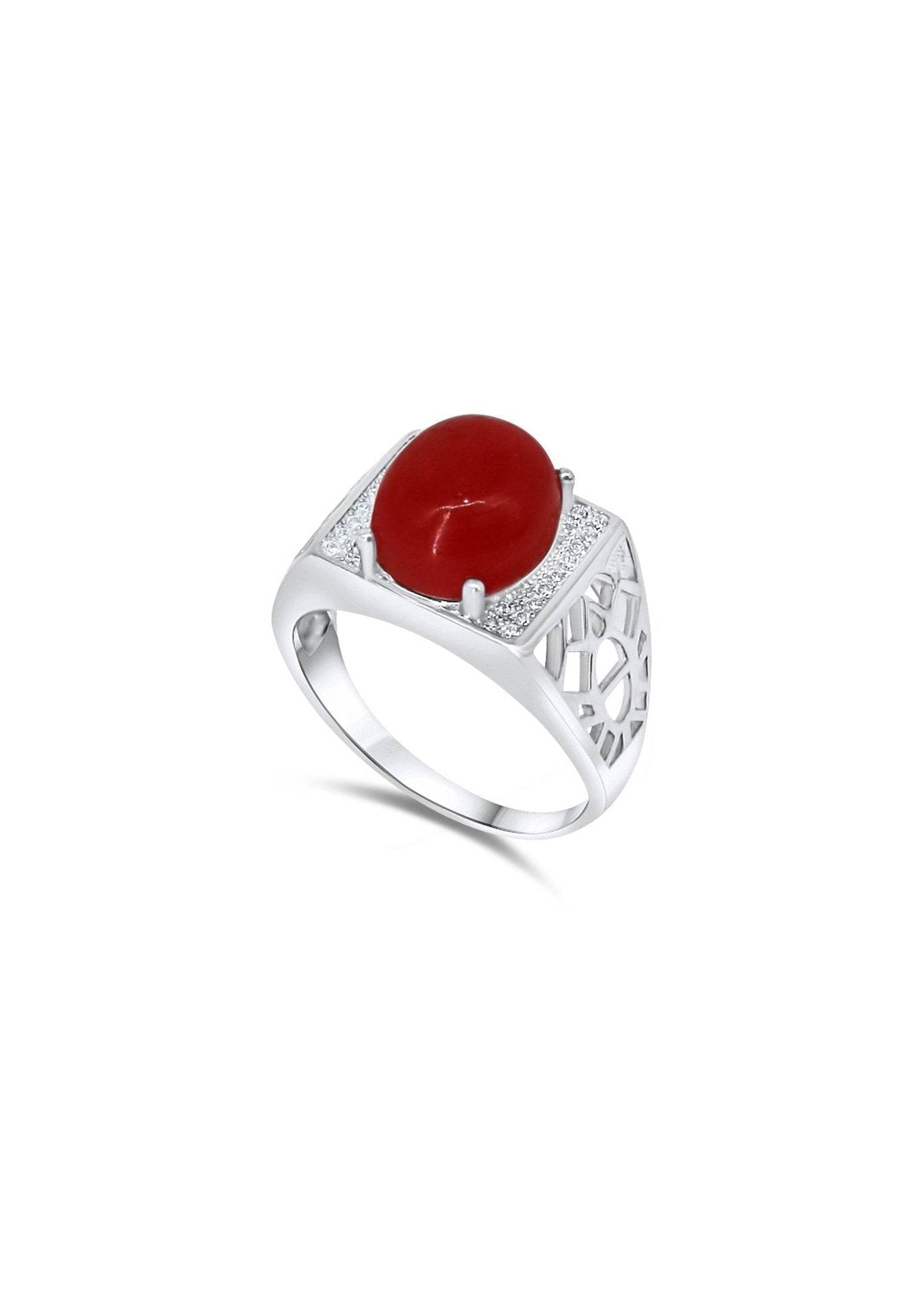 Natural red agate men's ring platinum plated silver