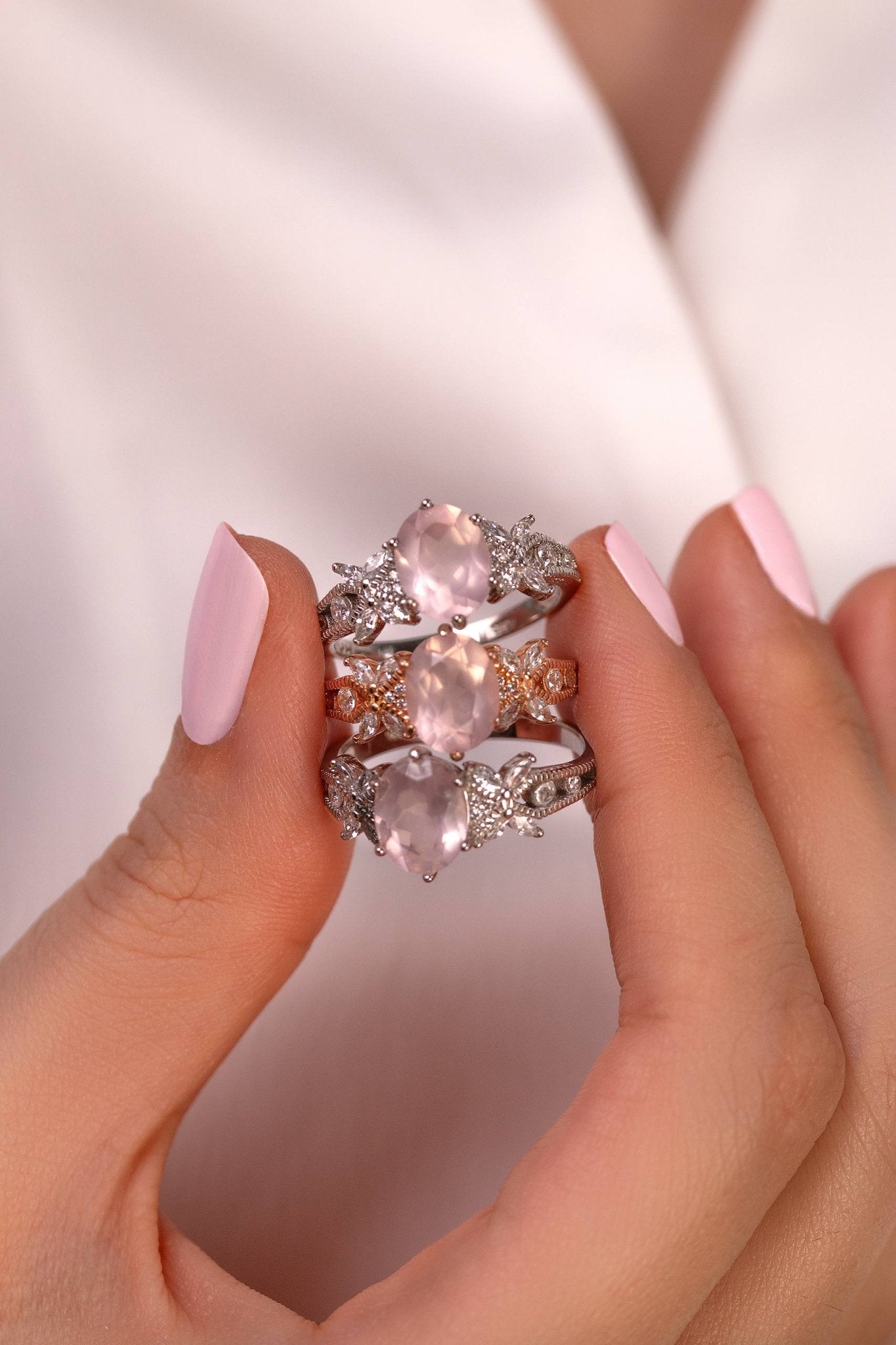 Natural Rose Quartz Ring – Platinum - Plated Silver | The Rosalina Collection - Yadman Emarati