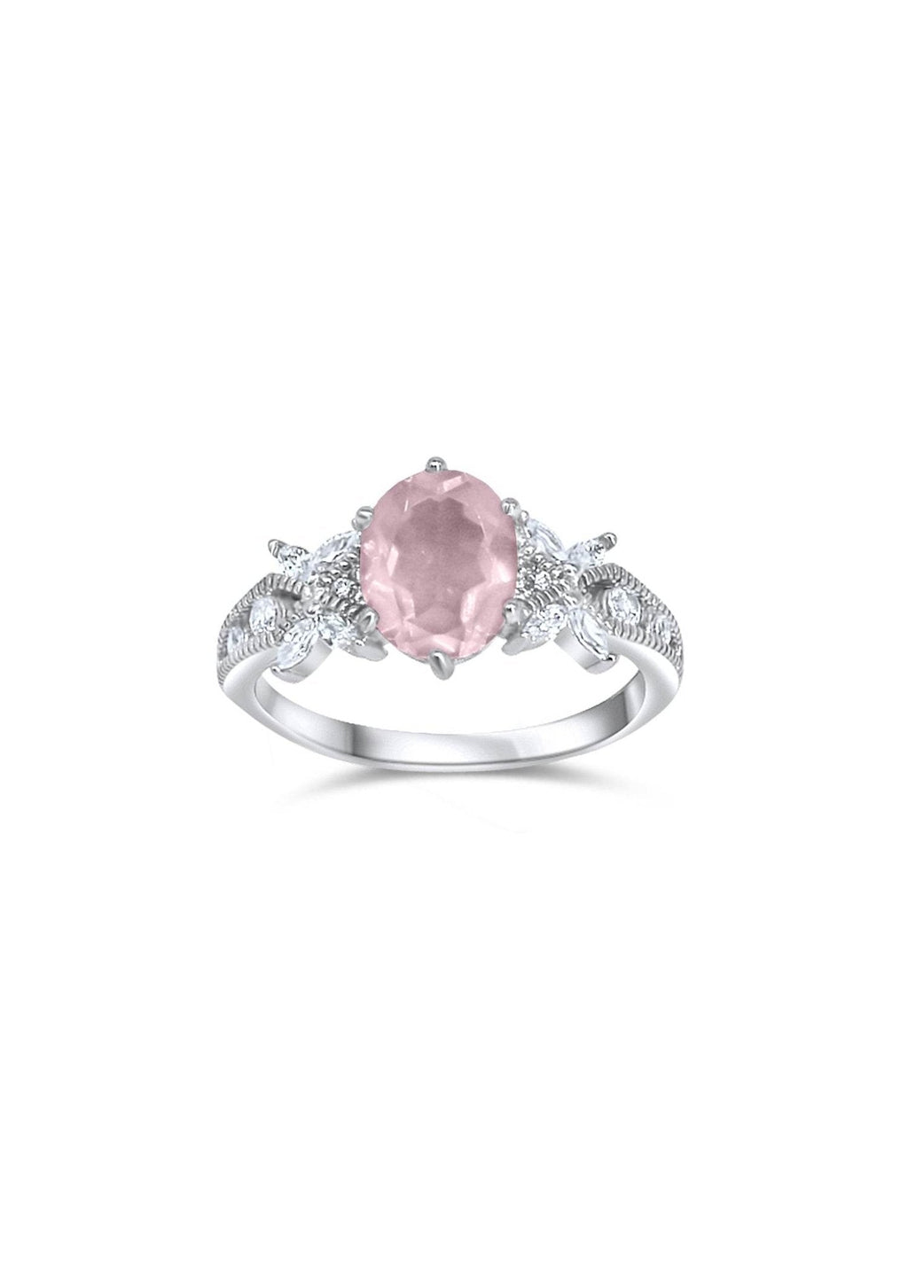 Natural rose quartz women's ring in platinum-plated silver with zircon accents