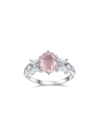 Natural rose quartz women's ring in platinum-plated silver with zircon accents