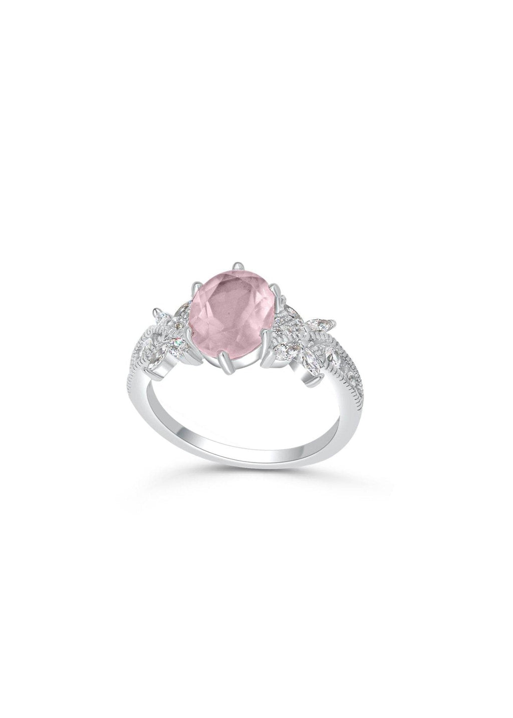 Natural rose quartz ring in platinum-plated silver with zirconia accents