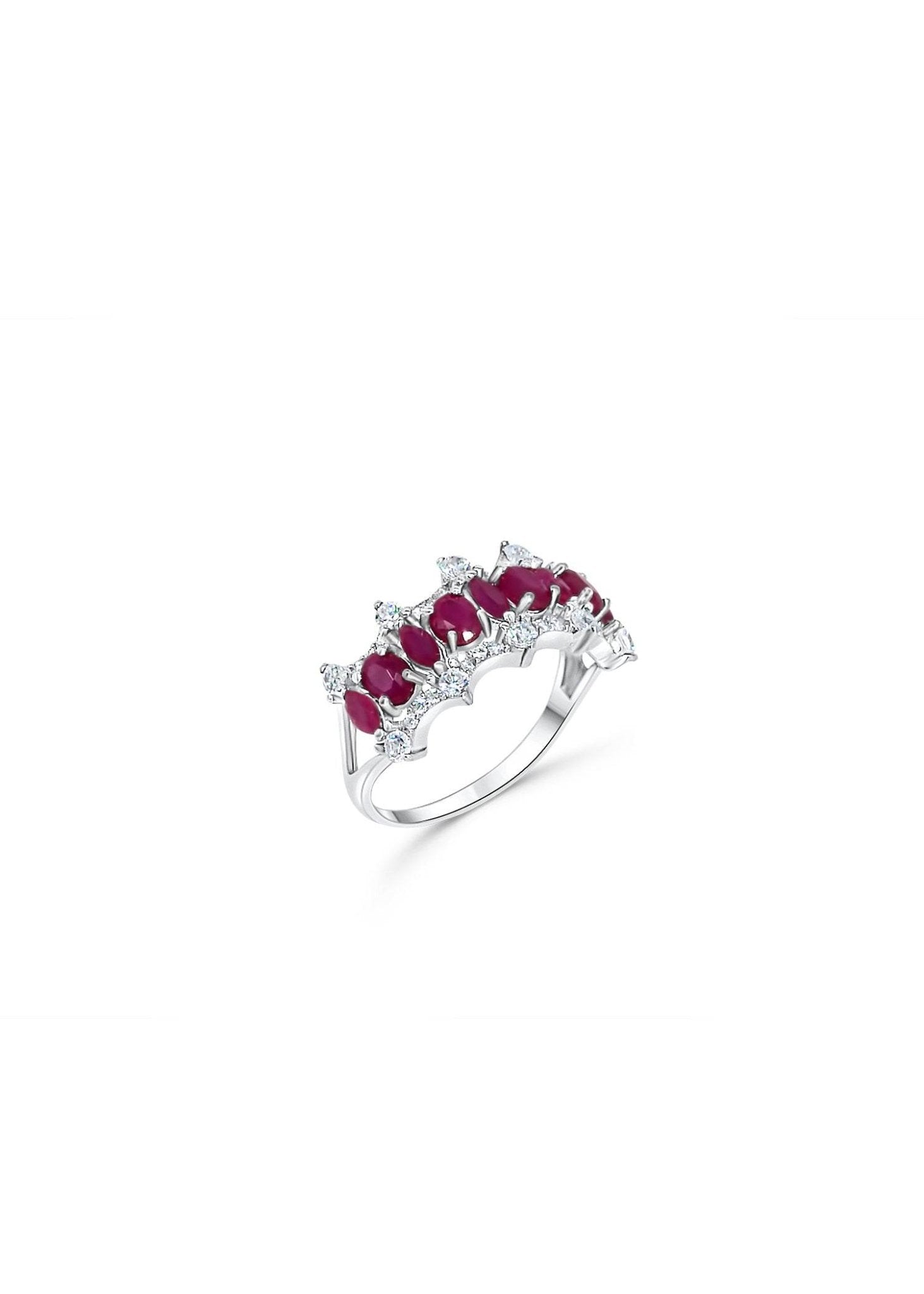 Elegant women's ring with natural ruby and platinum-plated silver