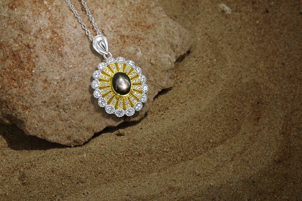 Luxury celestial necklace with natural star sapphire and zirconia accents