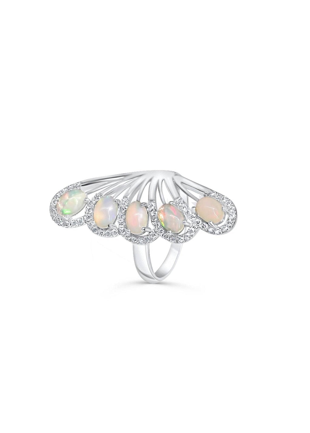 Platinum-plated silver ring featuring opal gemstones