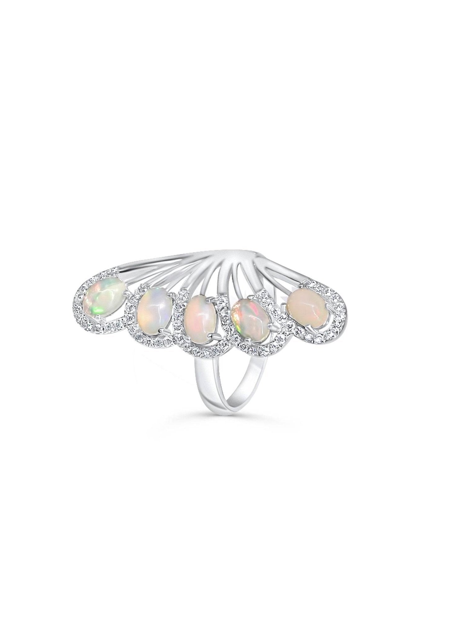 Platinum-plated silver ring featuring opal gemstones