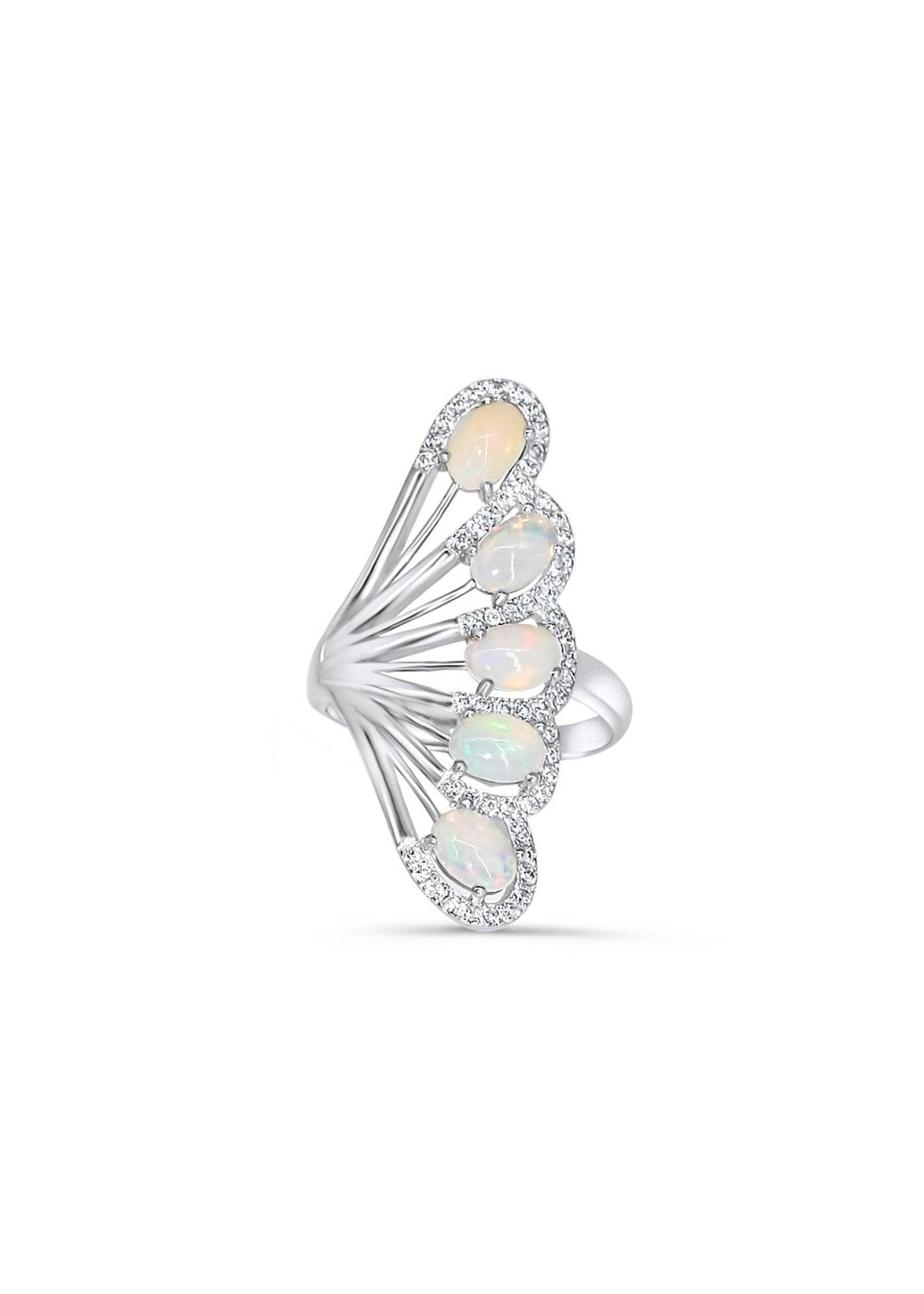 Handmade women’s ring with natural white opals in fan design