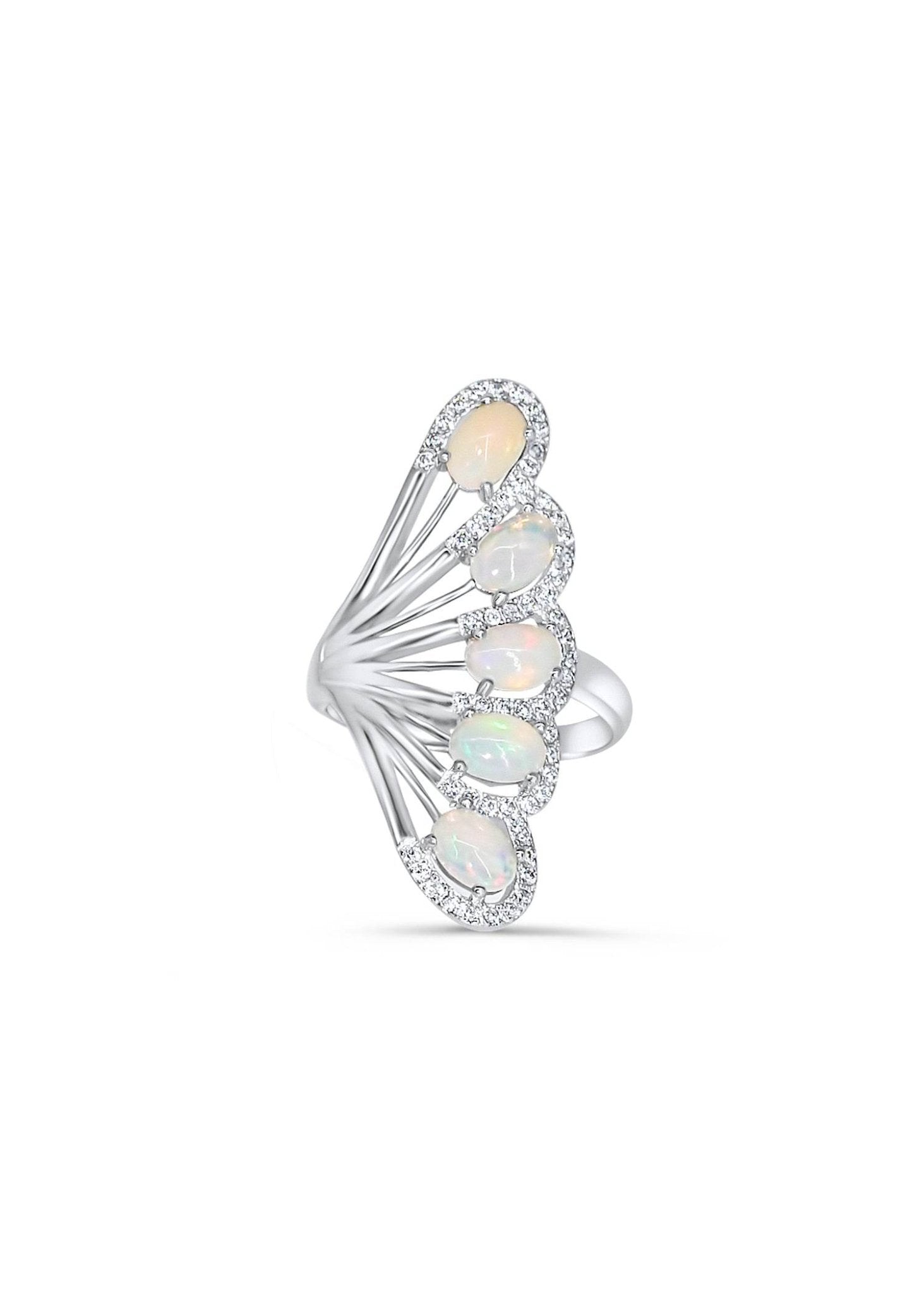 Handmade women’s ring with natural white opals in fan design