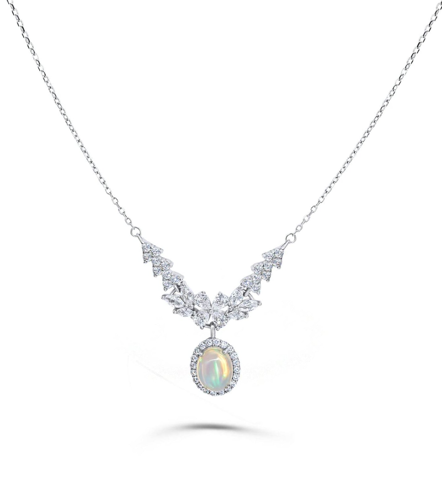 White opal necklace in platinum-plated S925 silver for women