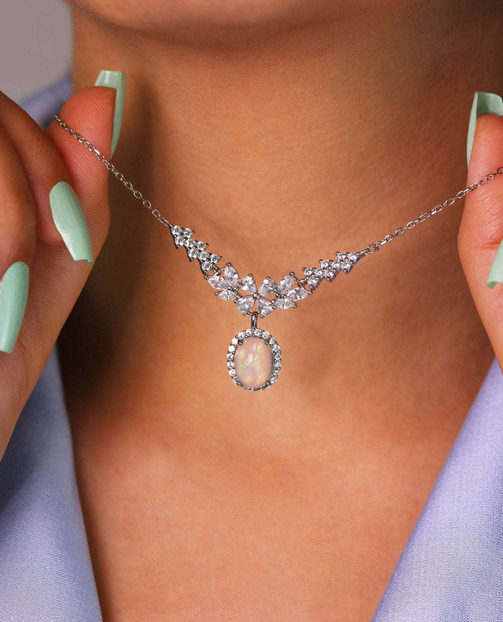 Natural opal and zirconia necklace in luxury silver design