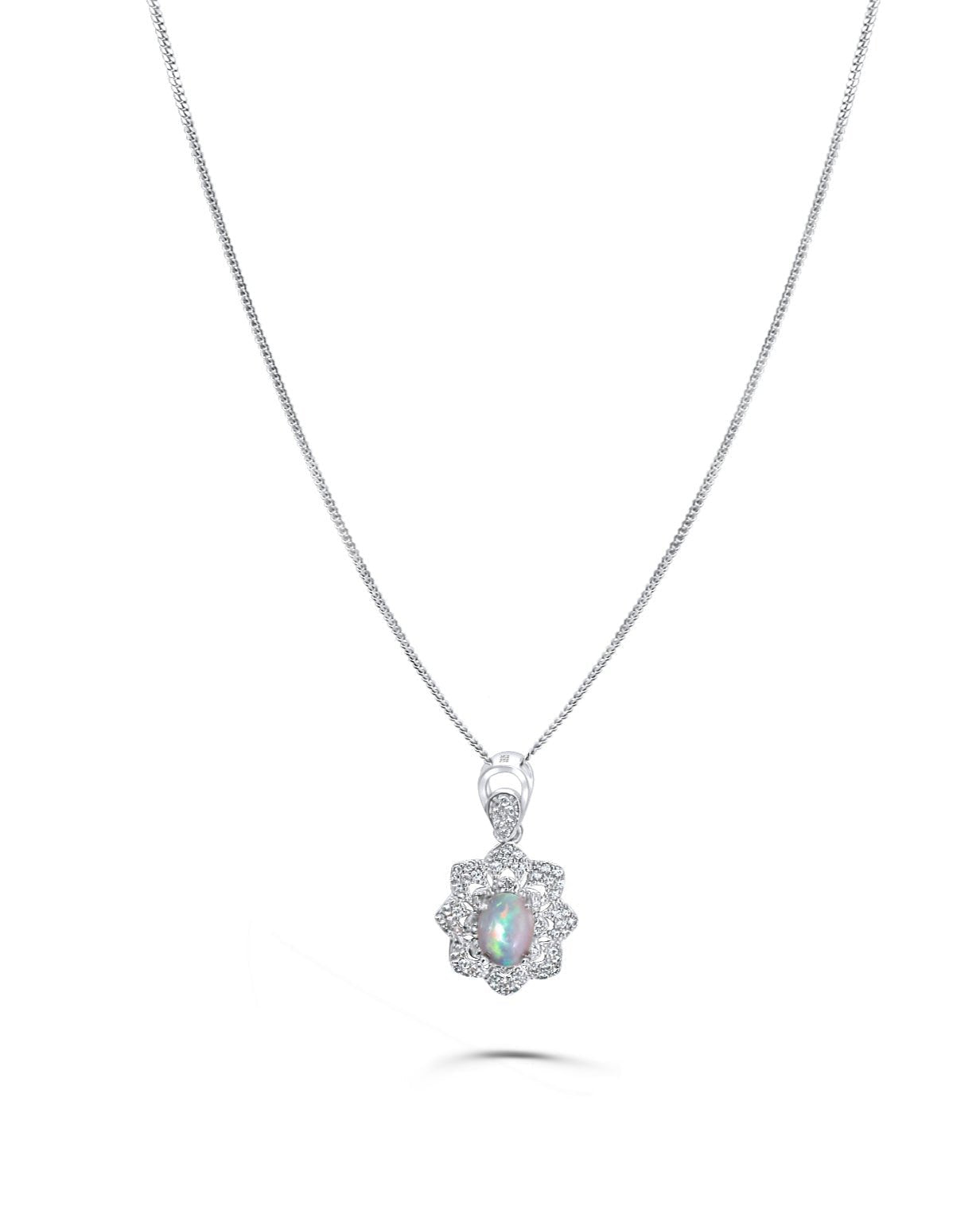 Natural white opal necklace in platinum-plated silver