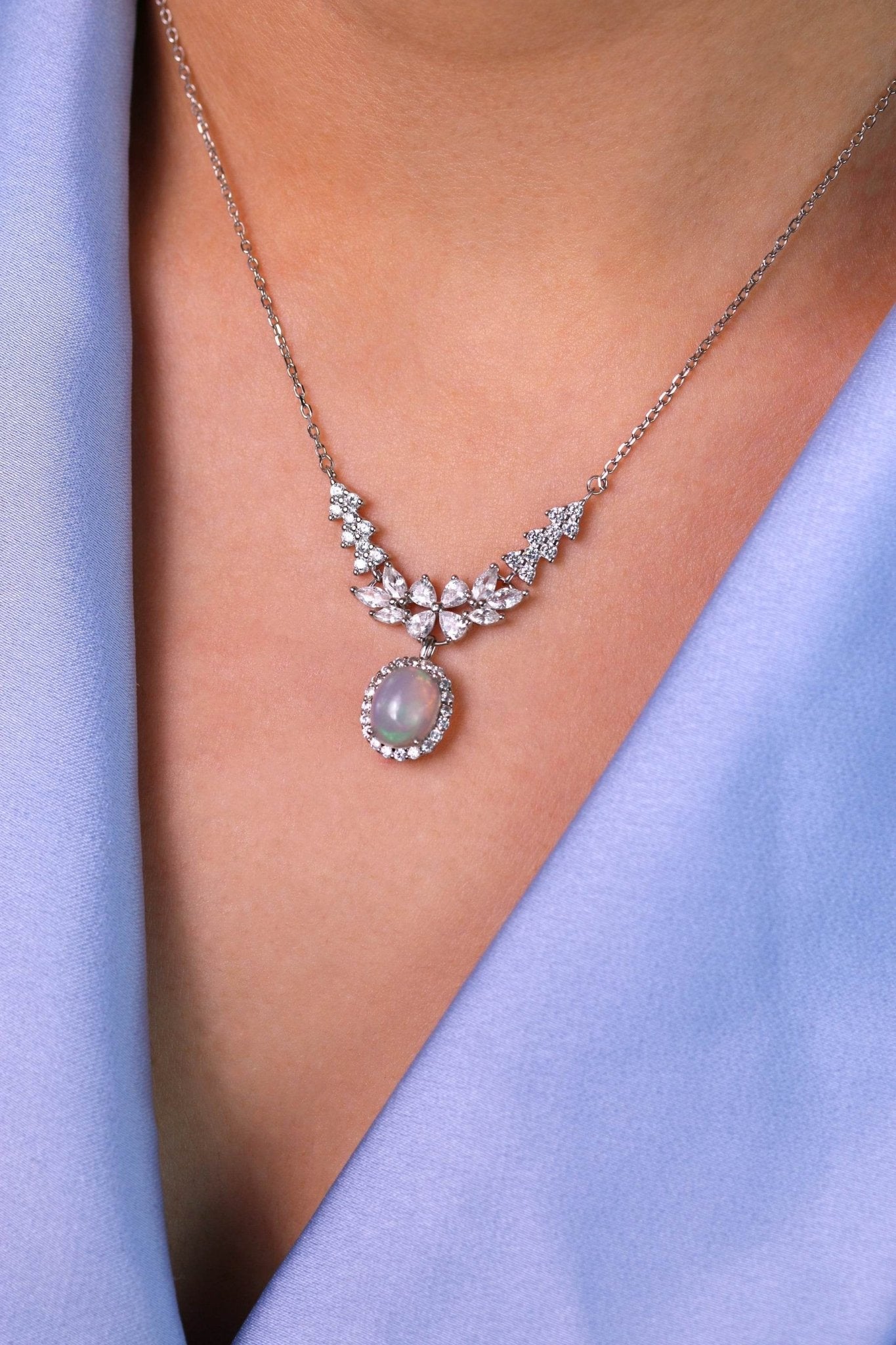 Elegant platinum silver necklace with white opal and zirconia