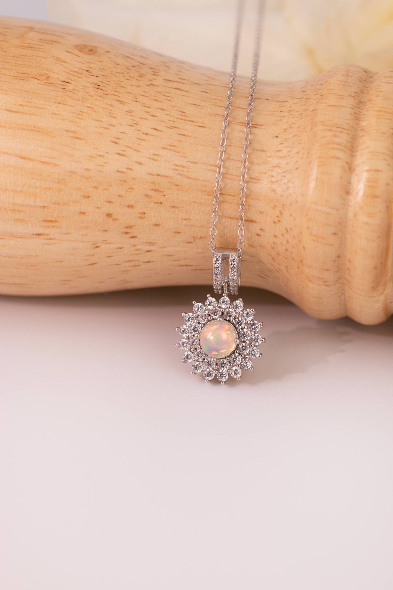 Natural White Opal Sunburst Pendant Necklace – Platinum - Plated Silver | She is Opalin Collection - Yadman Emarati