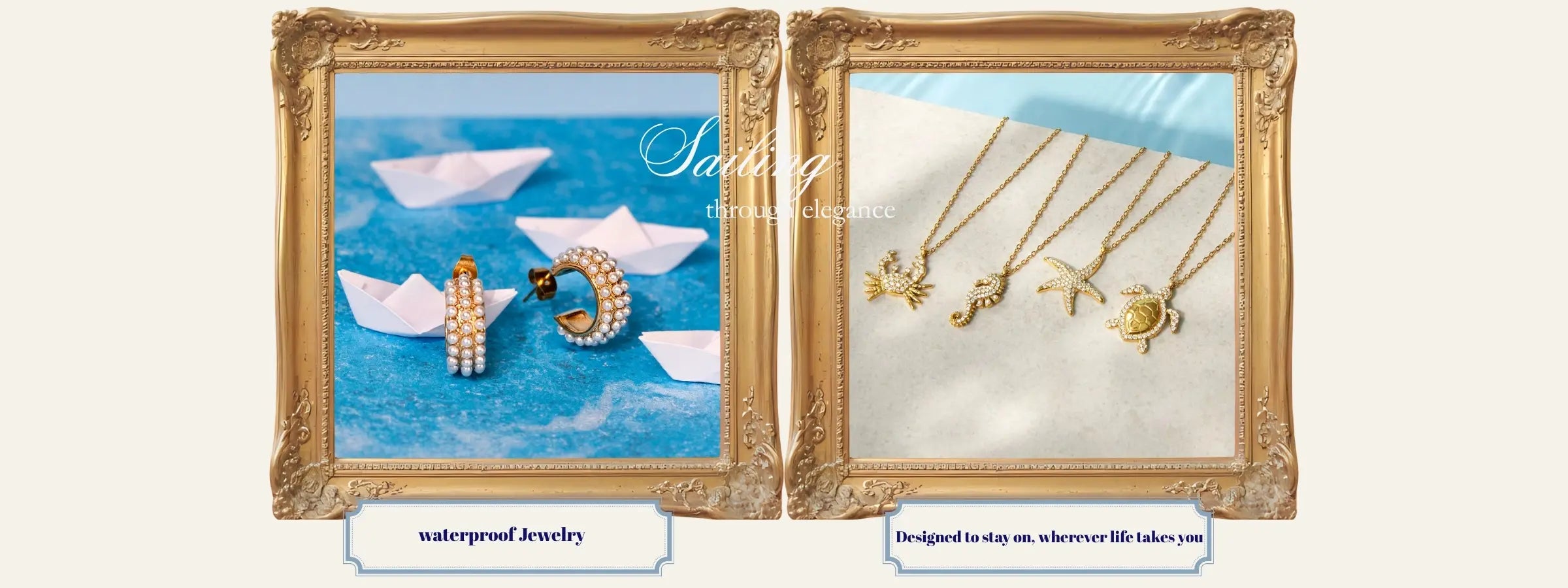 Two gold-framed jewelry displays with necklaces on a white background